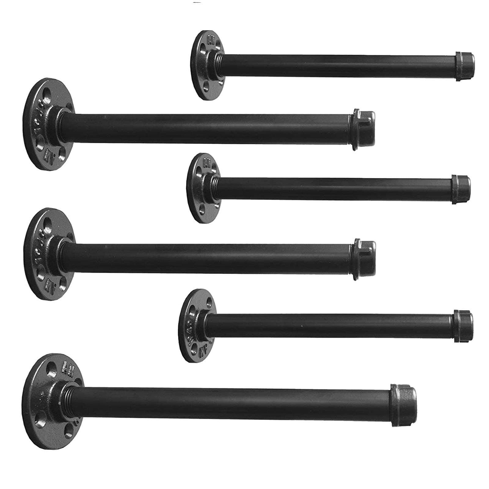Industrial Black Iron Pipe Shelf Brackets –12 Inch Set of 6, Heavy Duty Rustic Floating Shelf Bracket, Clothing Rack, Coated Finish, Hardware Included