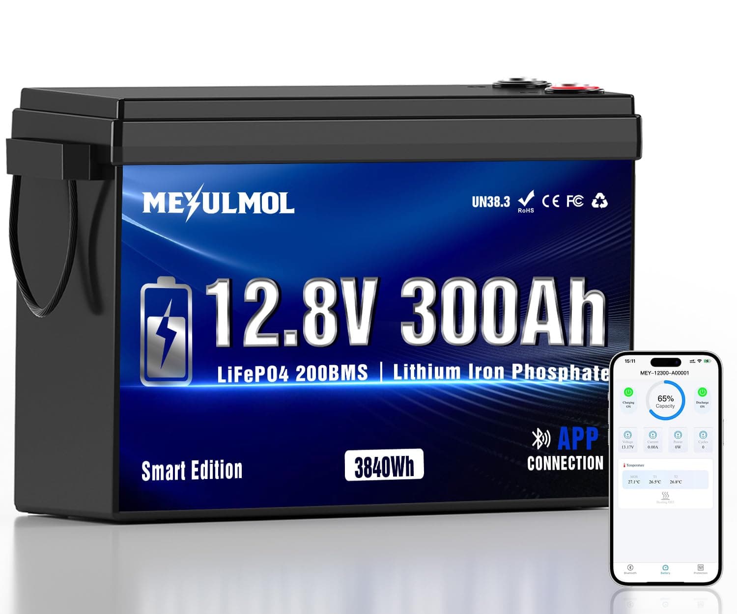 12V 300Ah LiFePO4 Lithium Battery with APP Monitoring, 200A BMS, 15000+ Cycles, 3840Wh, Expandable to 4S4P, Lithium Battery with Low-Temp Protection for RV, Solar, Camping, Off-Grid & Home Backup