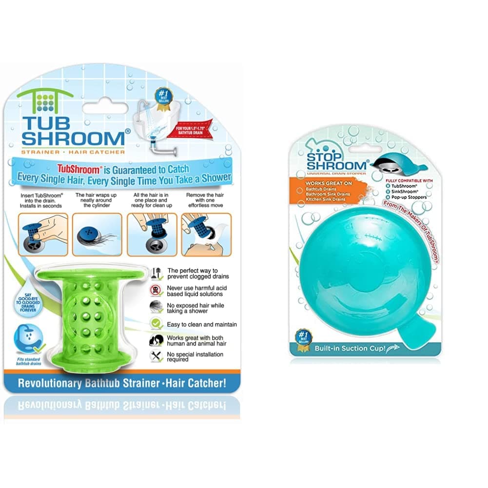 TubShroom TSGRE454 The Revolutionary Tub Drain Protector Hair Catcher + StopShroom STBLU232 Universal Stopper Plug Cover for Bathtub and Kitchen Drains