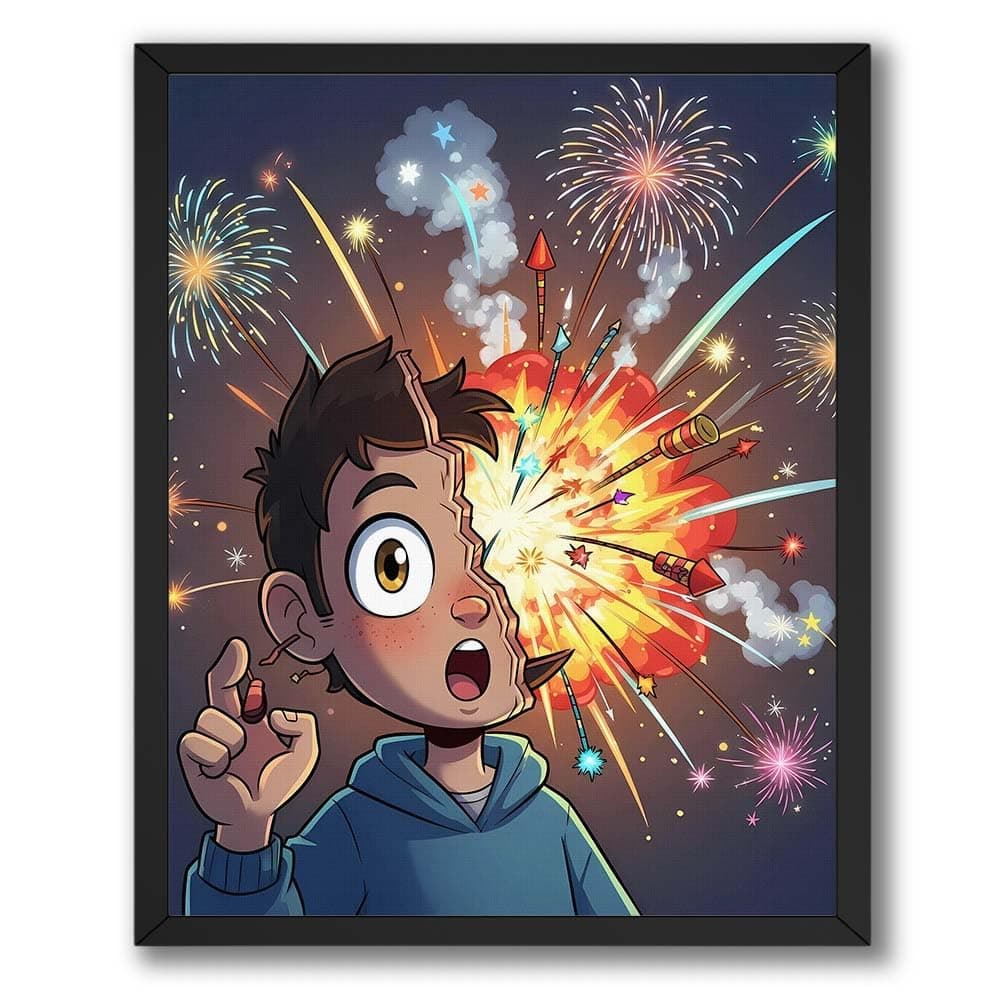InkFlow Posters Fireworks Surprise Kid Poster - Explosive Cartoon Boy Illustration - Dynamic Celebration Graphic Print - Modern Wall Decor Accent - Fun Art Lover Gift - 8x10 Unframed Canvas Print