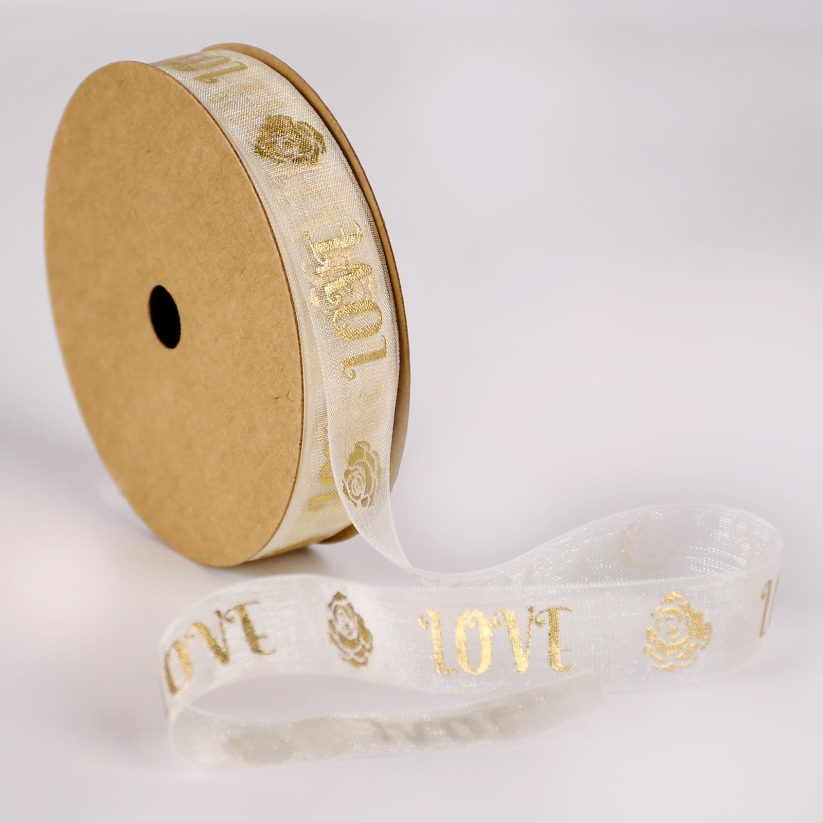 SAYUAN Gold Love Print Sheer Snow Yarn Ribbon - 5/8 Inch x 30 Yards, Valentine's Wedding Gift Wrapping Ribbon with Foil Letters, Christmas Party Decoration