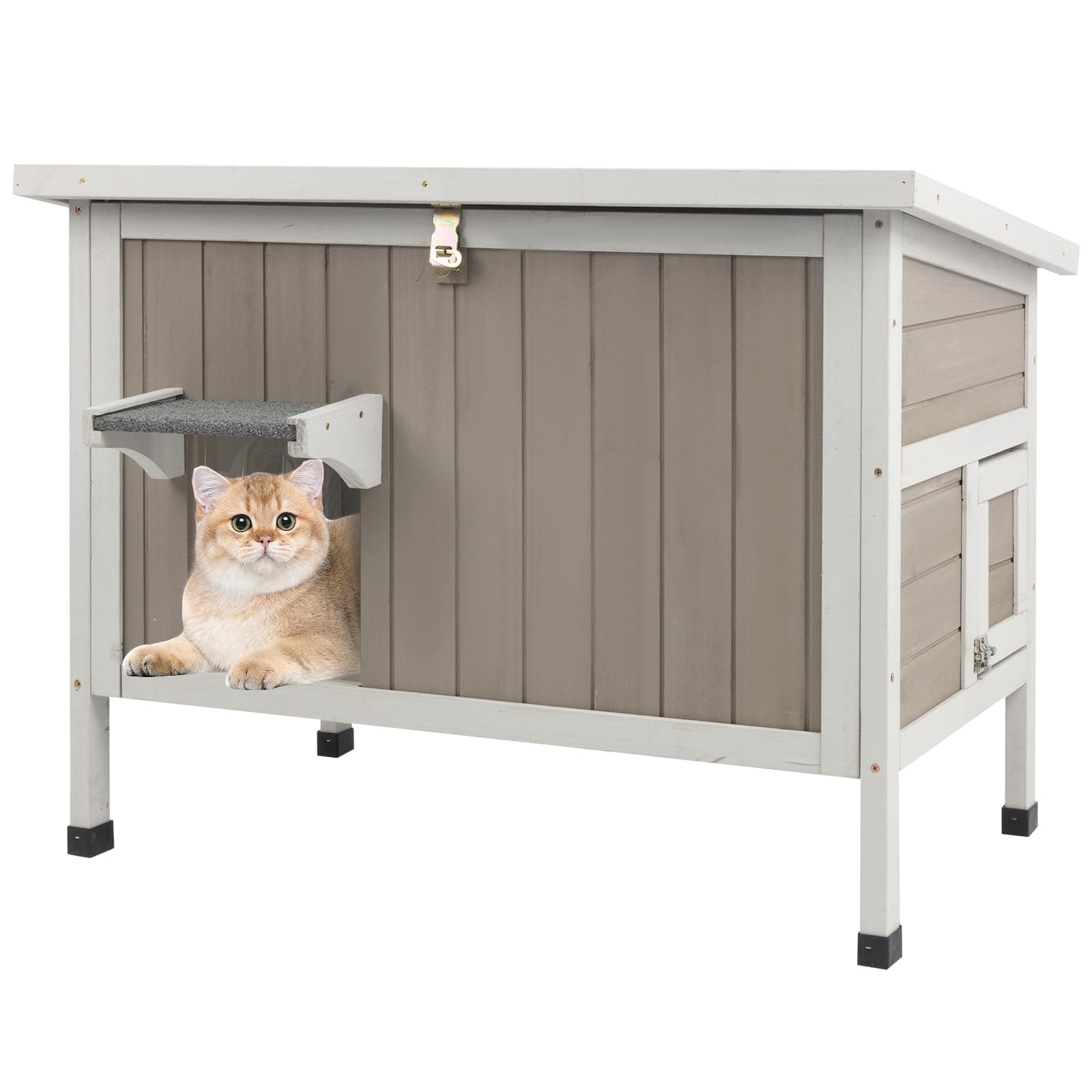 Gowoodhut 34.5" L Cat House,Waterproof Feral Cat Shelter for Feral Cats,Outdoor Weatherproof Cat Enclosure with Asphalt Roof & 2 Escape Doors for Winter Small Cats,Grey