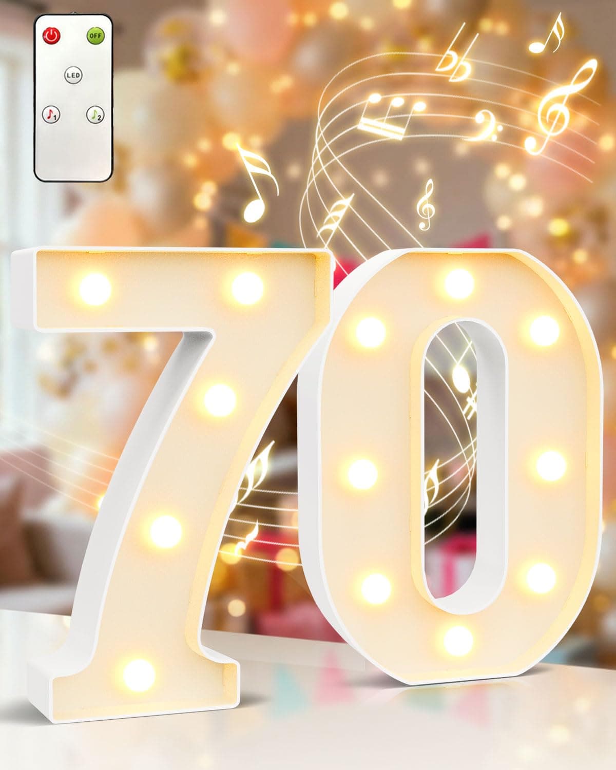 HEYCOLOR Marquee Numbers Lights Sign with Birthday Music, LED Decorative Light up Number 70 with Remote for Party Anniversary Decorations Wedding Christmas Home Decor, Battery Operated, White Plastic