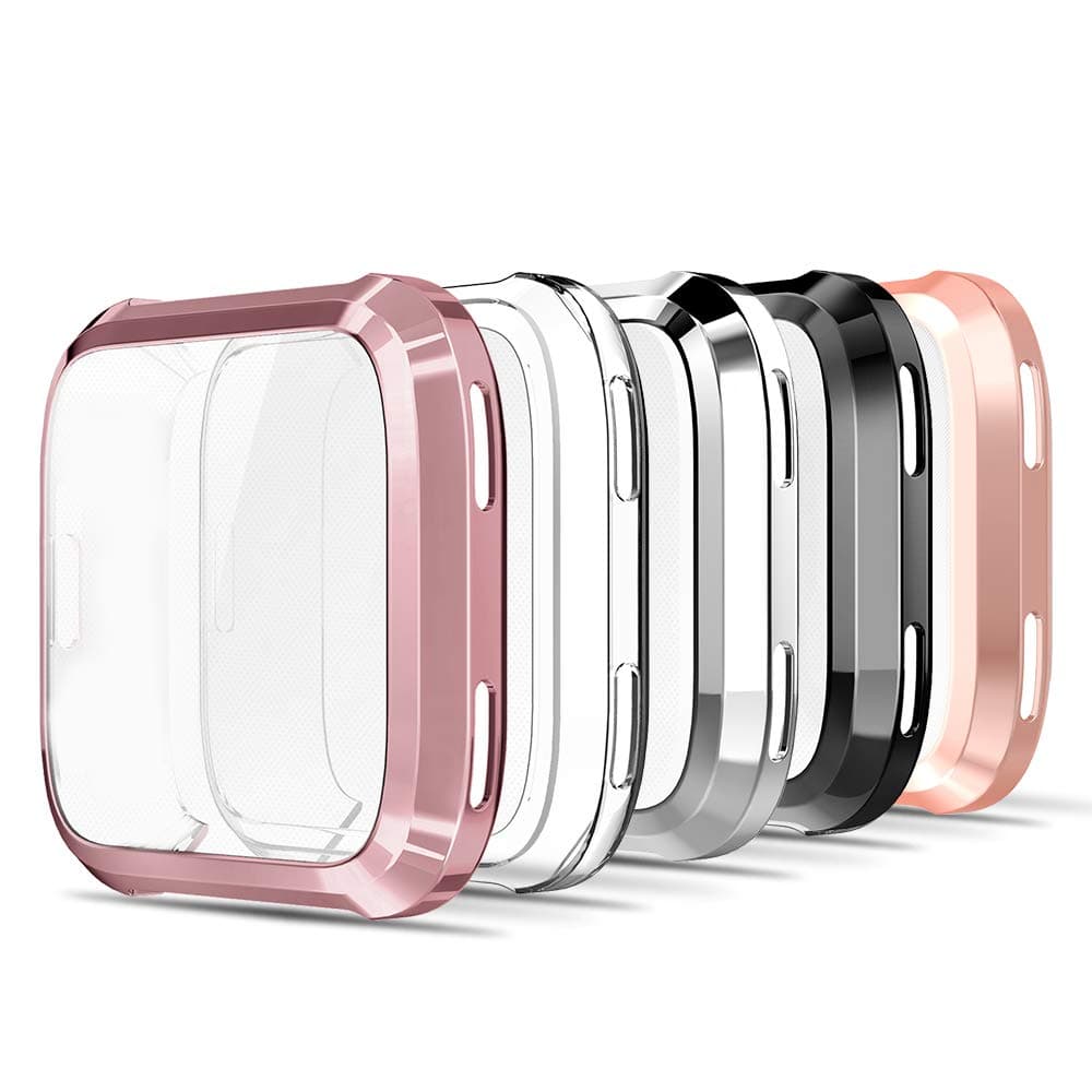 Simpeak 5er-Pack Weiche Displayschutzfolie Bumper Case Kompatibel mit Fitbit Versa Smartwatch, Vollschutz Rose Pink Clear Silber Schwarz Rose Gold