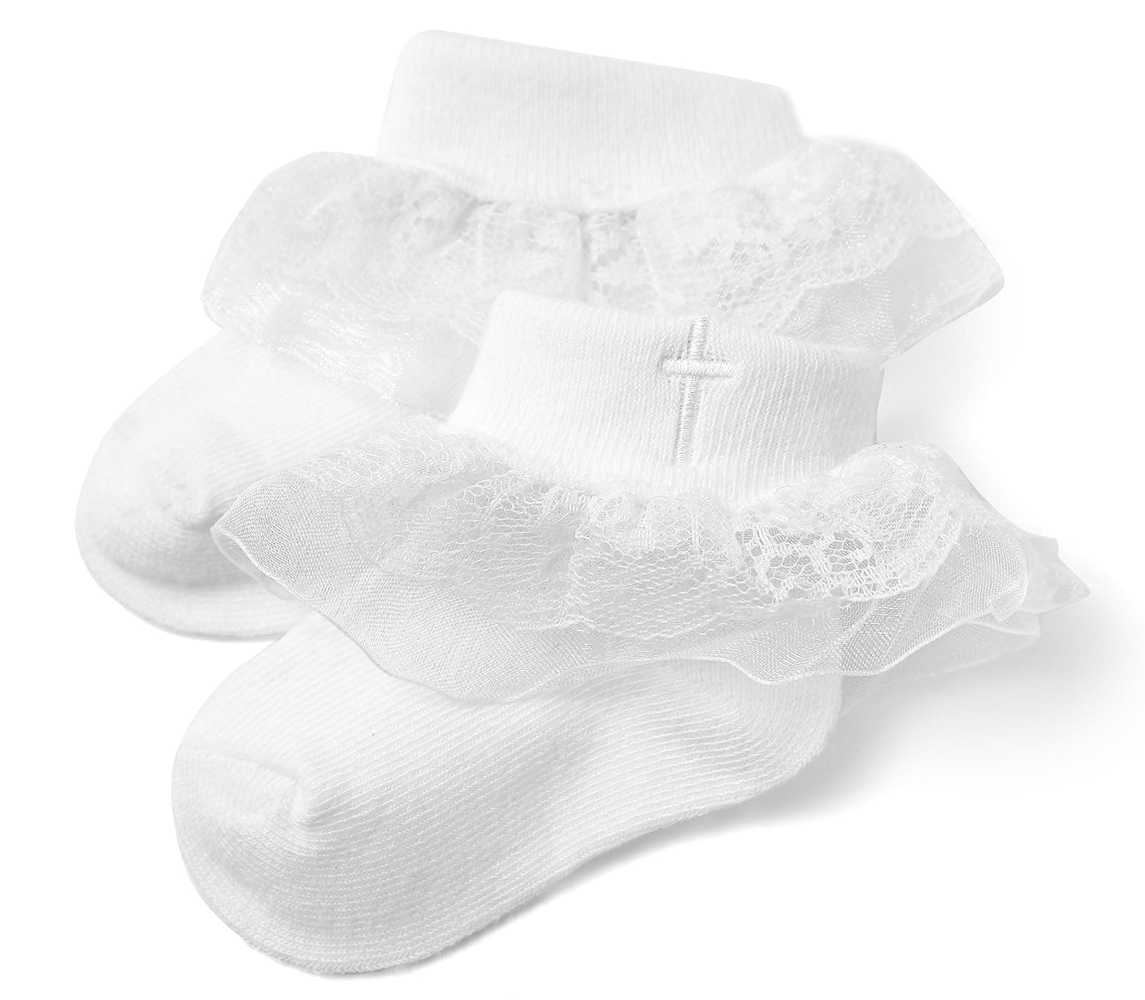 KESICI Baptism Socks for Baby Girls, White Newborn Baby Girls Baptism Socks with Cross & Eyelet Frilly Lace, Turn Cuff Baby Christening Sock,White 0-6 Months Infant
