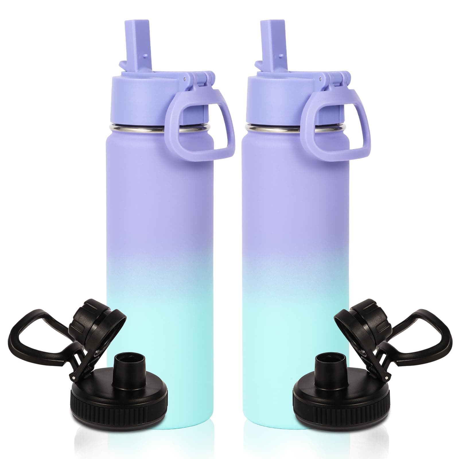 Volhoply 20oz Insulated Stainless Steel Water Bottle with Straw Lid Bulk 2 Pack,Kids Double Wall Vacuum Cups with Handle,Reusable Outdoor Sports Metal Bottles,Travel Flask Keep Cold(Purple Blue,2)