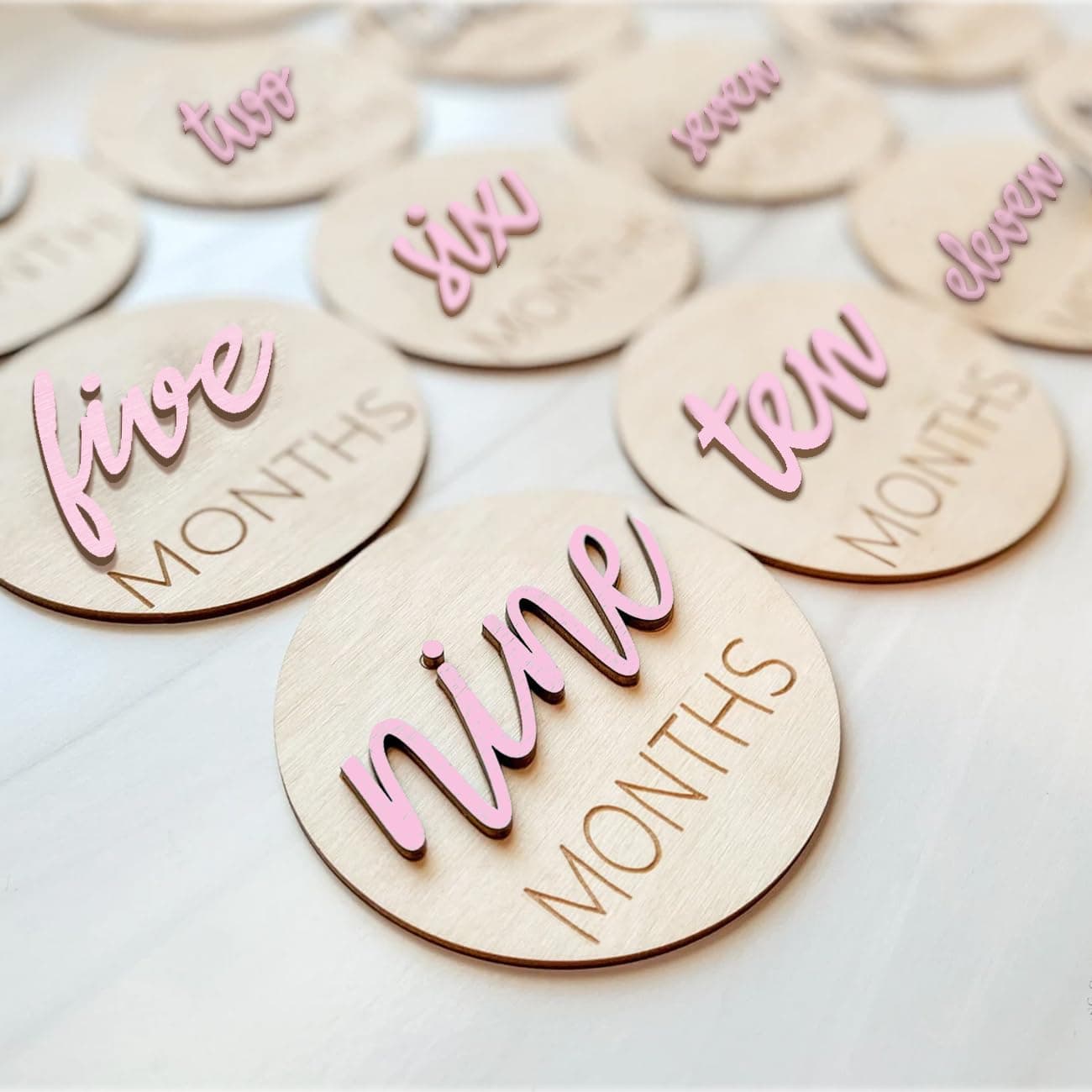 eoscasely Baby Monthly Milestone Markers Disc, Wooden 3D Milestone Cards for Photos, Baby Announcement Sign, 1-12 Months, wooden baby milestone sign (Pink)