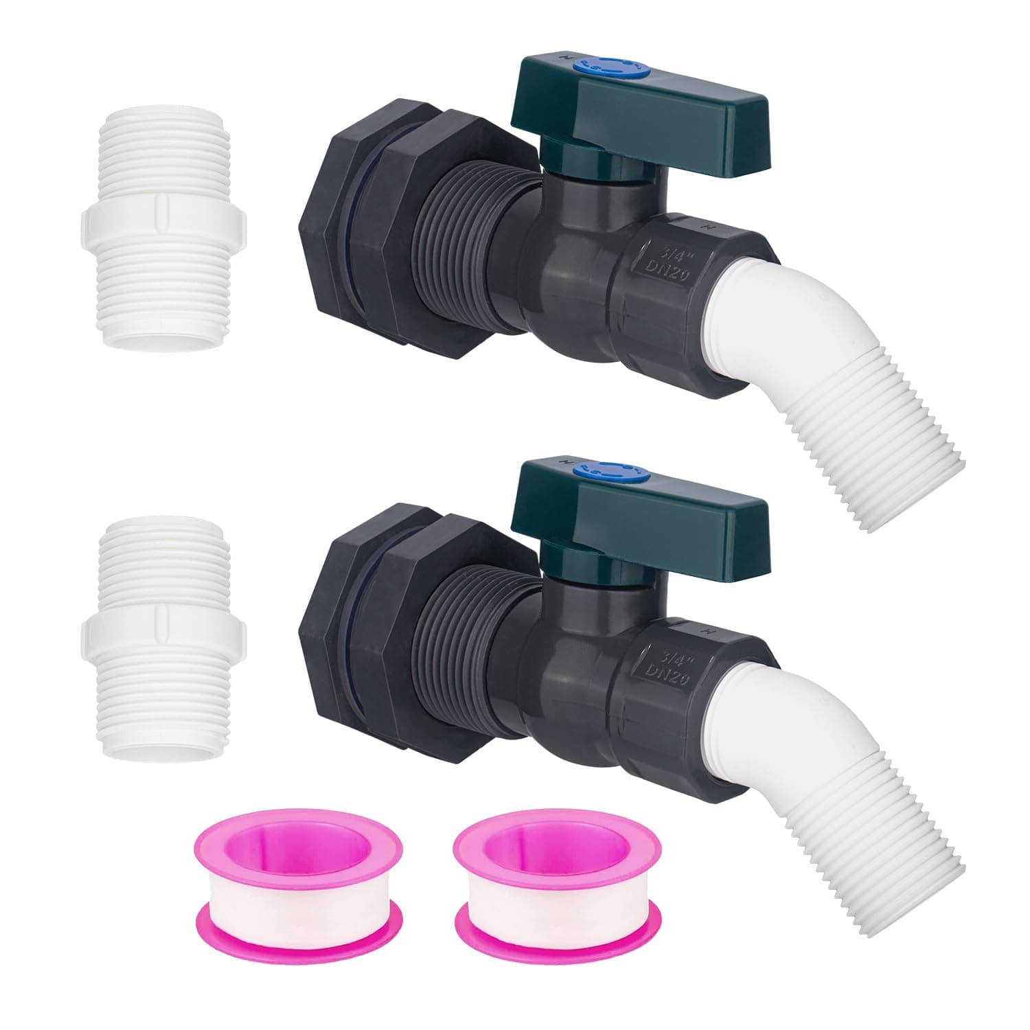 Rain Barrel Spigot, 3/4" GHT Water Barrel PVC Garden Diverter Kit with Bulkhead Fitting PVC Faucet Spigot Quarter Turn Ball Valve for Water Tanks, Aquariums, Tubs, Pool, Garden Barrel (2 Packs)