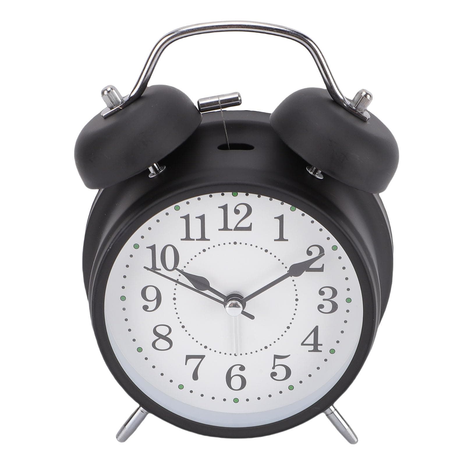 Walmeck Metal Bell Alarm Clock Silent Movement Night Light Wake Up Desk Clock Students 300mAh Battery (Black Metal Frame)