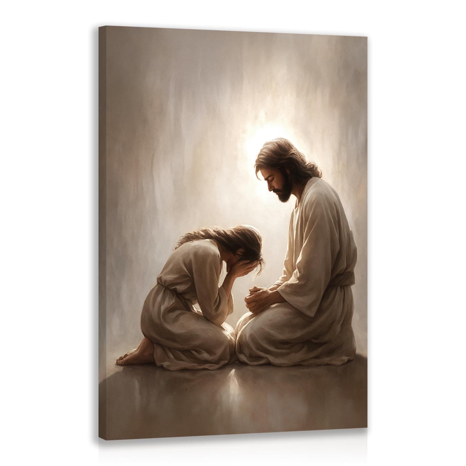FASWQ Framed Jesus and Woman Wall Art, Christian Repentance and Forgiveness Canvas Painting, Sacred Heart Biblical Wall Decor, Christ Religious Poster Print for Church LDS Home Living Room, 16x24 Inch