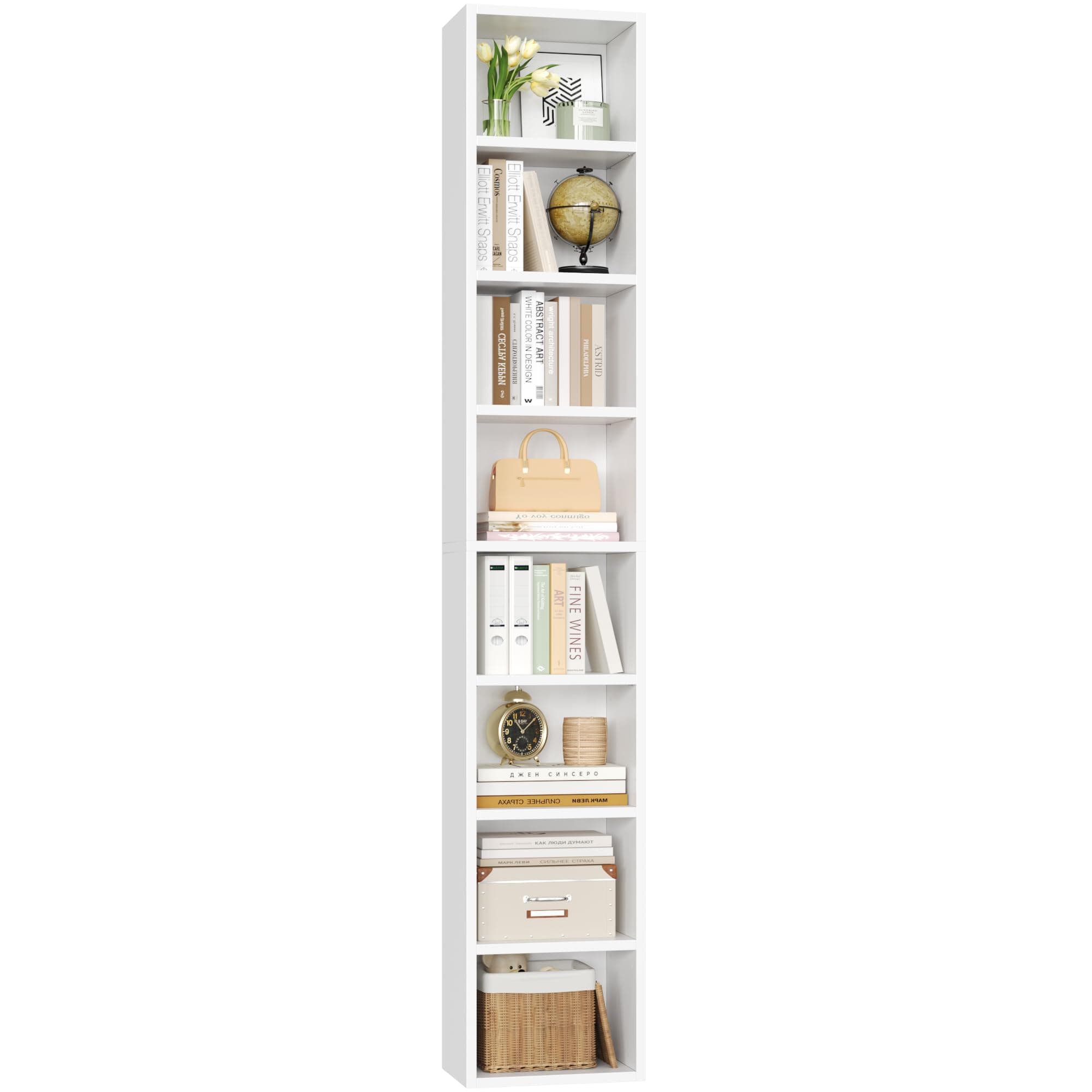 FOTOSOK Bookshelf Bookcase 8-Tier Narrow Bookshelf Tall CD Media Tower Rack