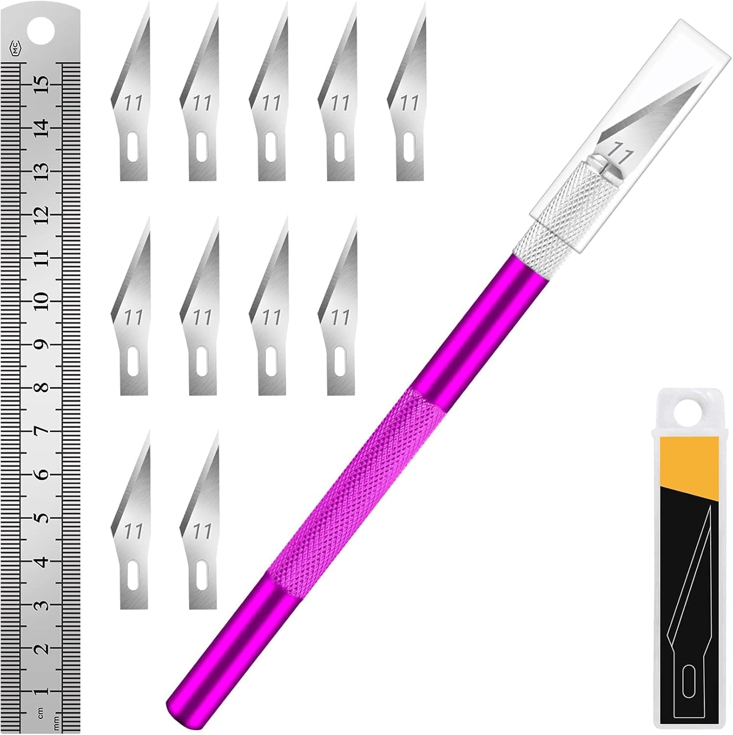 1 Pcs Craft Knife Hobby Knife Exacto Knife with 11 Pcs Stainless Steel Blades Kit, 1pcs Steel 15MM Ruler for Art, Scrapbooking,Stencil(Purple)