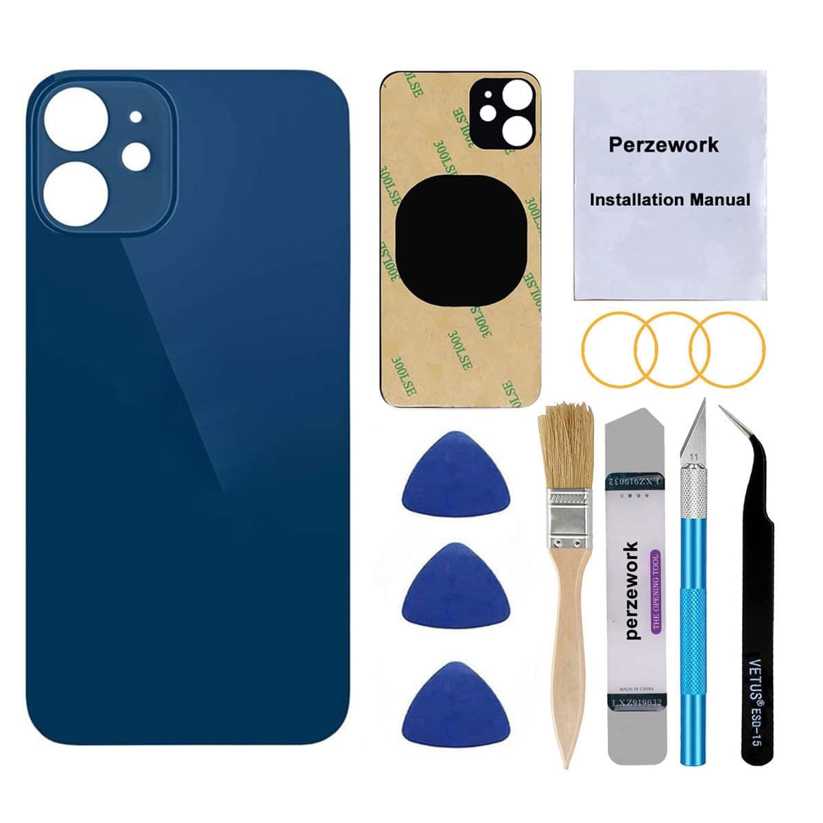 Perzework OEM Rear Back Glass Replacement for iPhone 12 mini 5.4 inches (Blue) with Reparing Toolkit