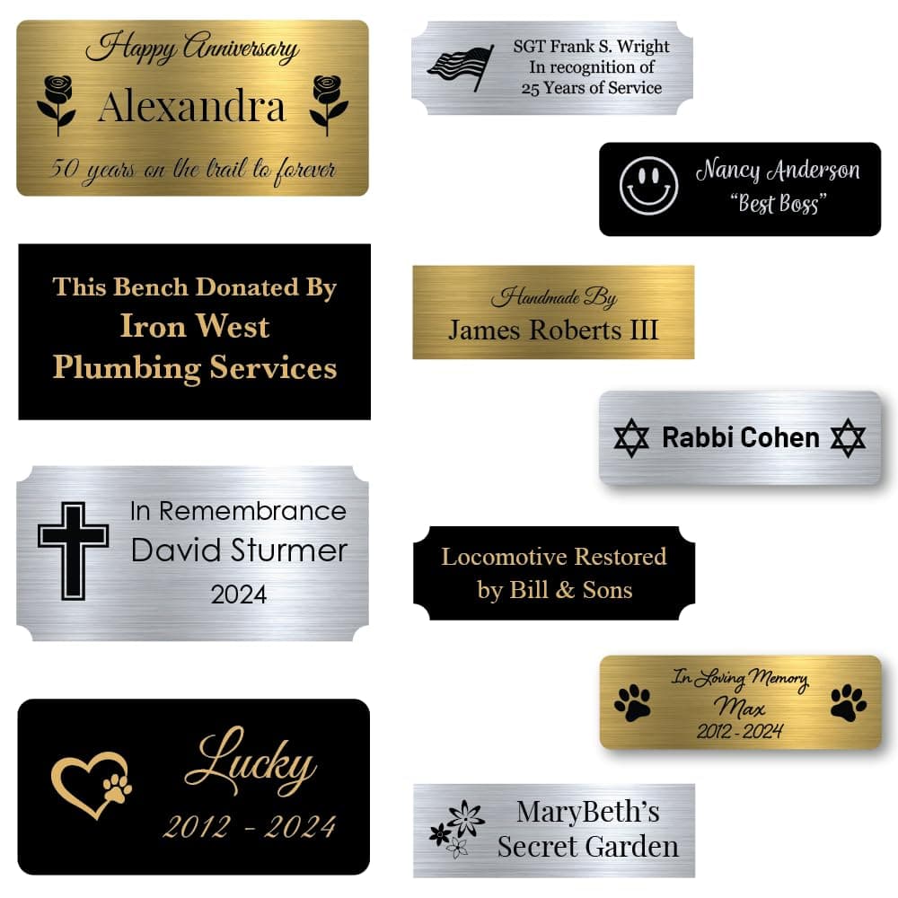 Custom Engraved Name Plates with Adhesive, Made in The USA, Personalized Pet Urn, Memorial Plaque, Picture Frame, Art Tag, Flag case (Gold Plate/Black Text, 2x4 Inch)