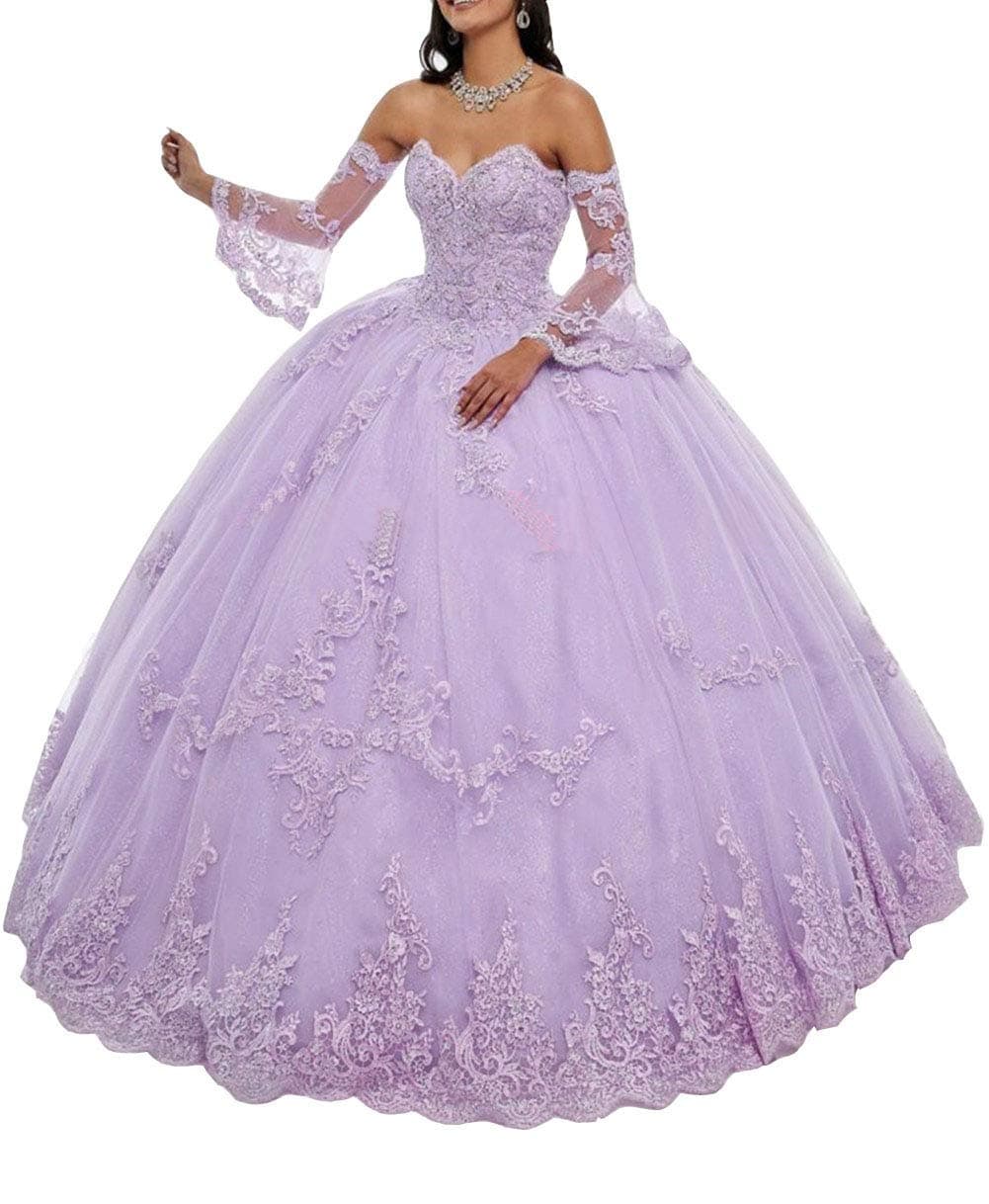 Yukale Women's Sweetheart Quinceanera Dresses Lace Appliques Ball Gown with Detachable Long Sleeve, Lilac, 4