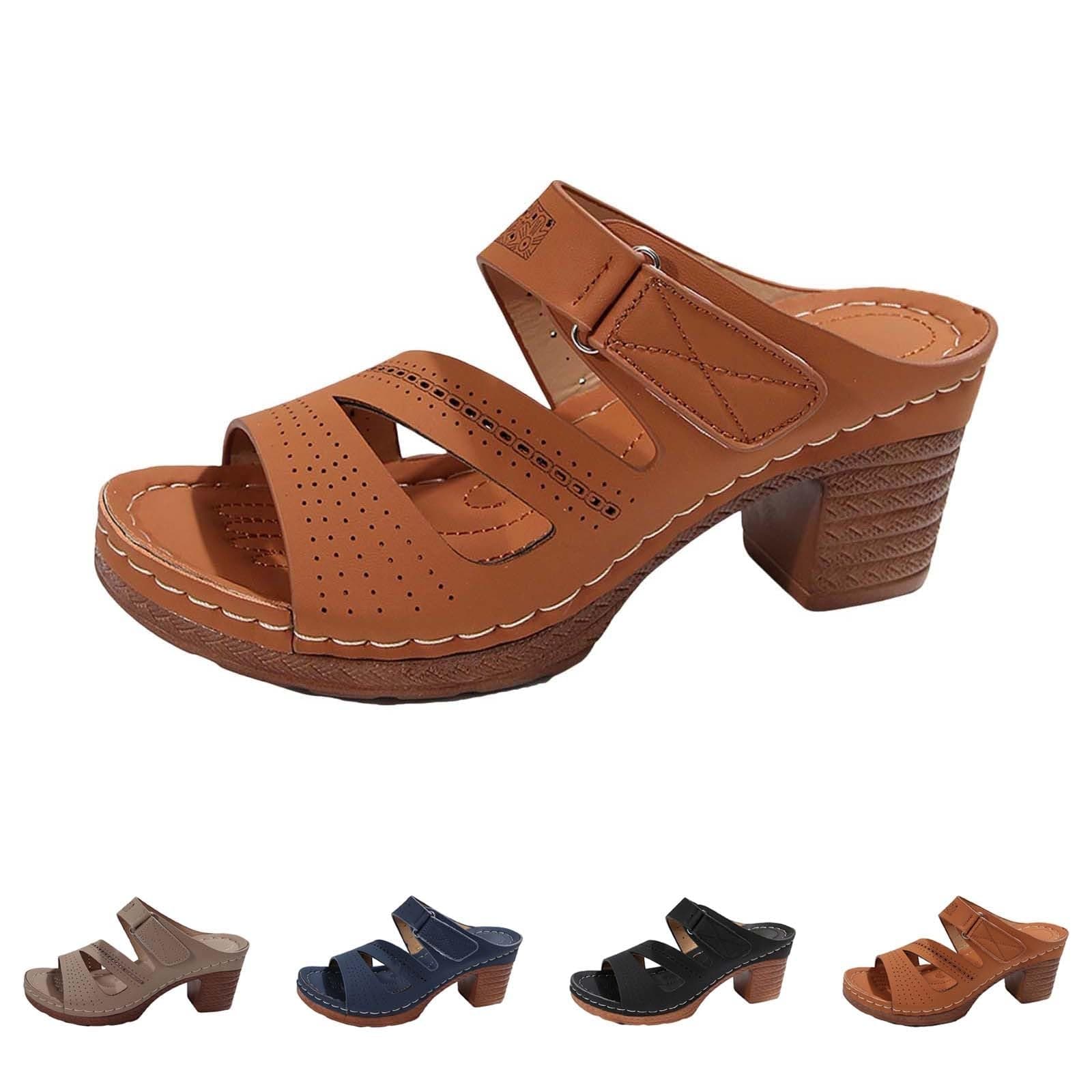 Momolaa Sandals for Women Ladies High Block-Heeled Mule Sandal Open Toe Heeled Mules Chunky Block Mid Heel Slipper Slip on Slides Dressy Sandals Sale Hot 4#04_Clearance_Brown