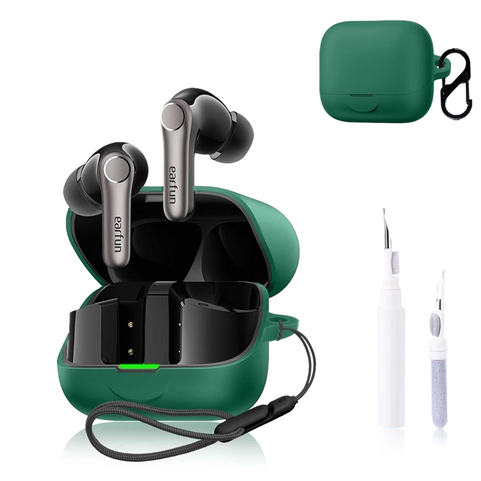 for EarFun Air Pro 4+ Case Cover,NOUKAJU Earphone Protective Cover(with Carabiner + Lanyard + Cleaning Pen) Drop-Proof,Scratch-Proof,Shock-Proof,Case for EarFun Air Pro 4 Plus(Green)