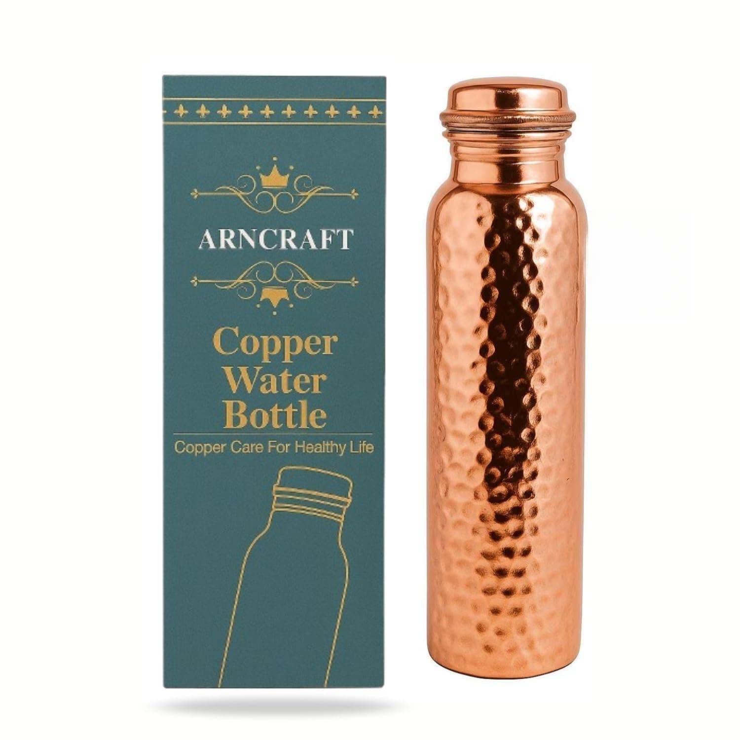 ARNCRAFT Copper Water Bottle - 34 Oz Extra Large - A Hammered Ayurvedic Pure Copper Vessel For Drinking - Drink More Water, Lower Your Sugar Intake And Enjoy The Health Benefits Immediately