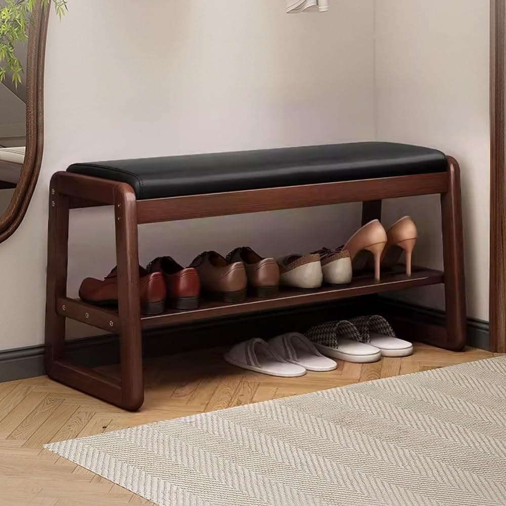Shoe Rack Bench, Shoe Rack for Front Door Entrance, Entryway Bench with Cushioned Seat, Wood Shoe Shelf, Storage Bench, Small Shoe Rack for Entryway Hallway Mudroom(Black,21.6" L/55CM)