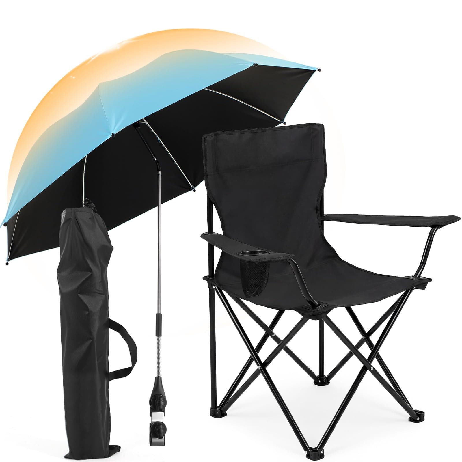 Burbell 1 Pack Beach Chair with 1 Pack Adjustable Umbrella for Adult, Low Folding Chair Detachable with Armrests Cup Holder, 360 Degree Universal Clamp UV Protection Umbrella for Sand Camping Pool