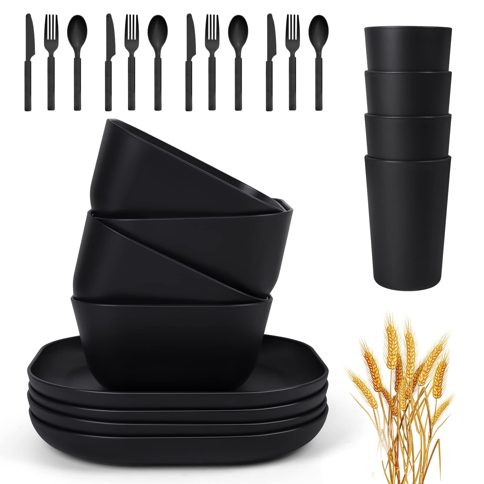 afcevnlb 24 Piece Wheat Straw Square Dinnerware Sets for 4, Unbreakable Dinner Plates and Bowls Sets for Camping Party Grill (Black)