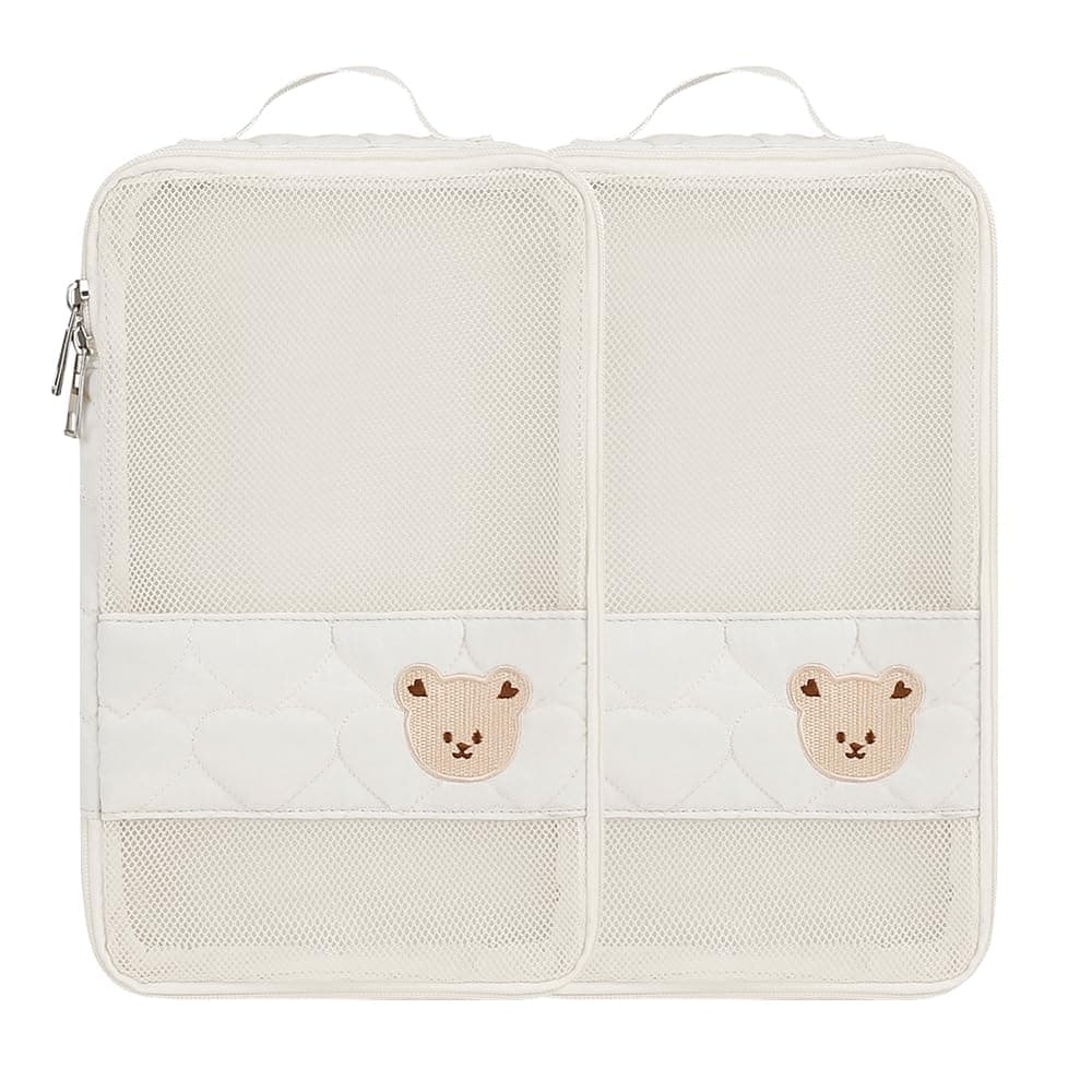 Baby Diaper Bag Organizer Pouches - 2 Pack Waterproof Pod Hanging Diaper Bag Cute Bear Mesh Bag Reusable, Washable or Baby Cloth Diapers (White)
