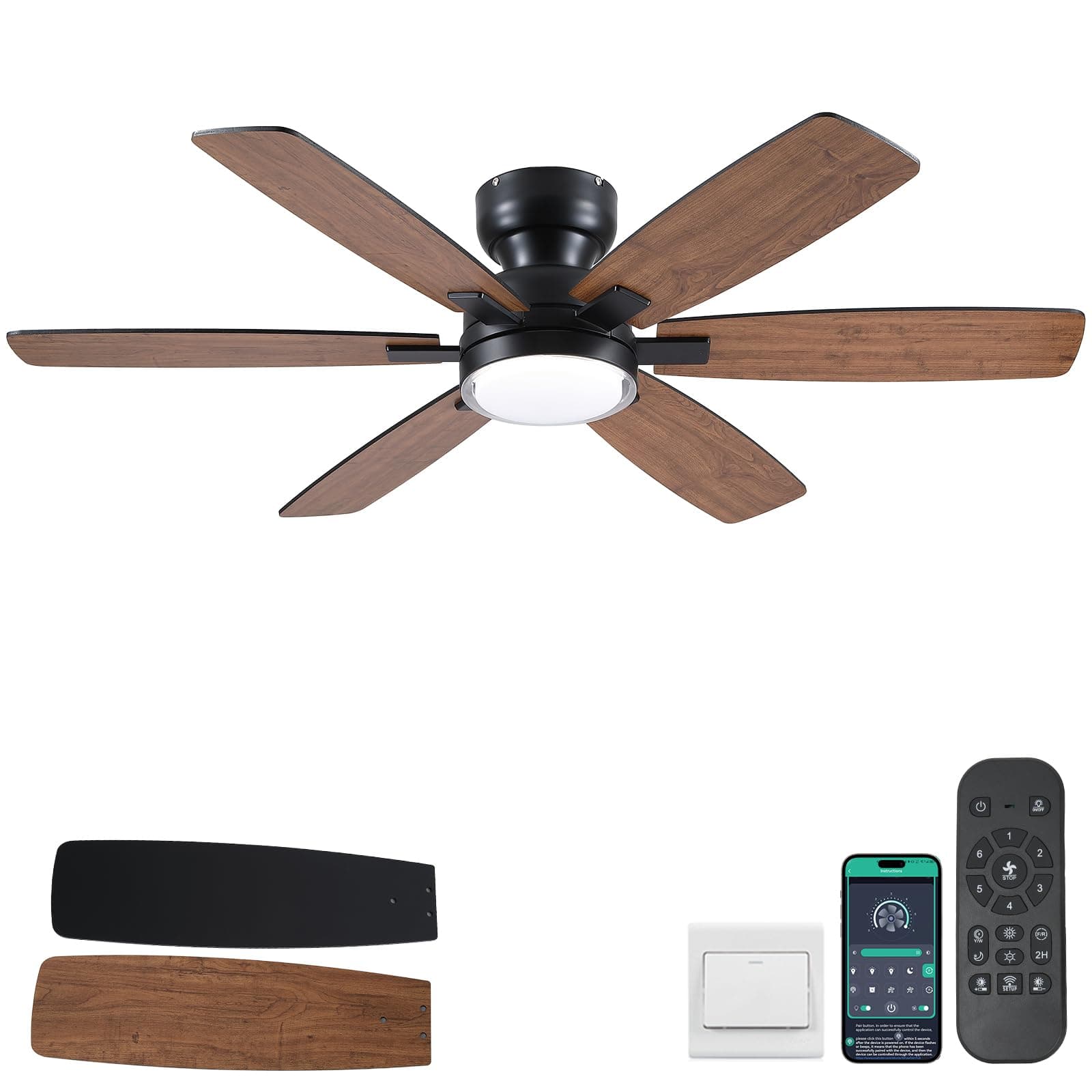 Kviflon 52 In Flush Mount Ceiling Fan with Light Remote/APP,6 Blades Brown