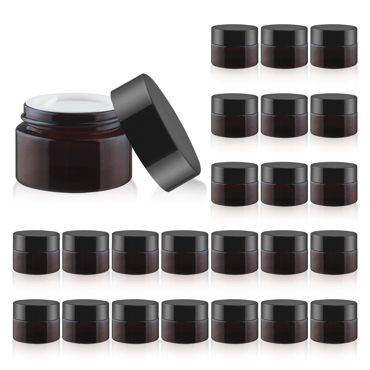 24 Pcs Amber Glass Jars Round Small Glass Jars Empty Refillable Cosmetic Containers with Inner Liners & Black Lids for Make Up Sample Powder Cream Lotion Spice - 15g/0.5oz