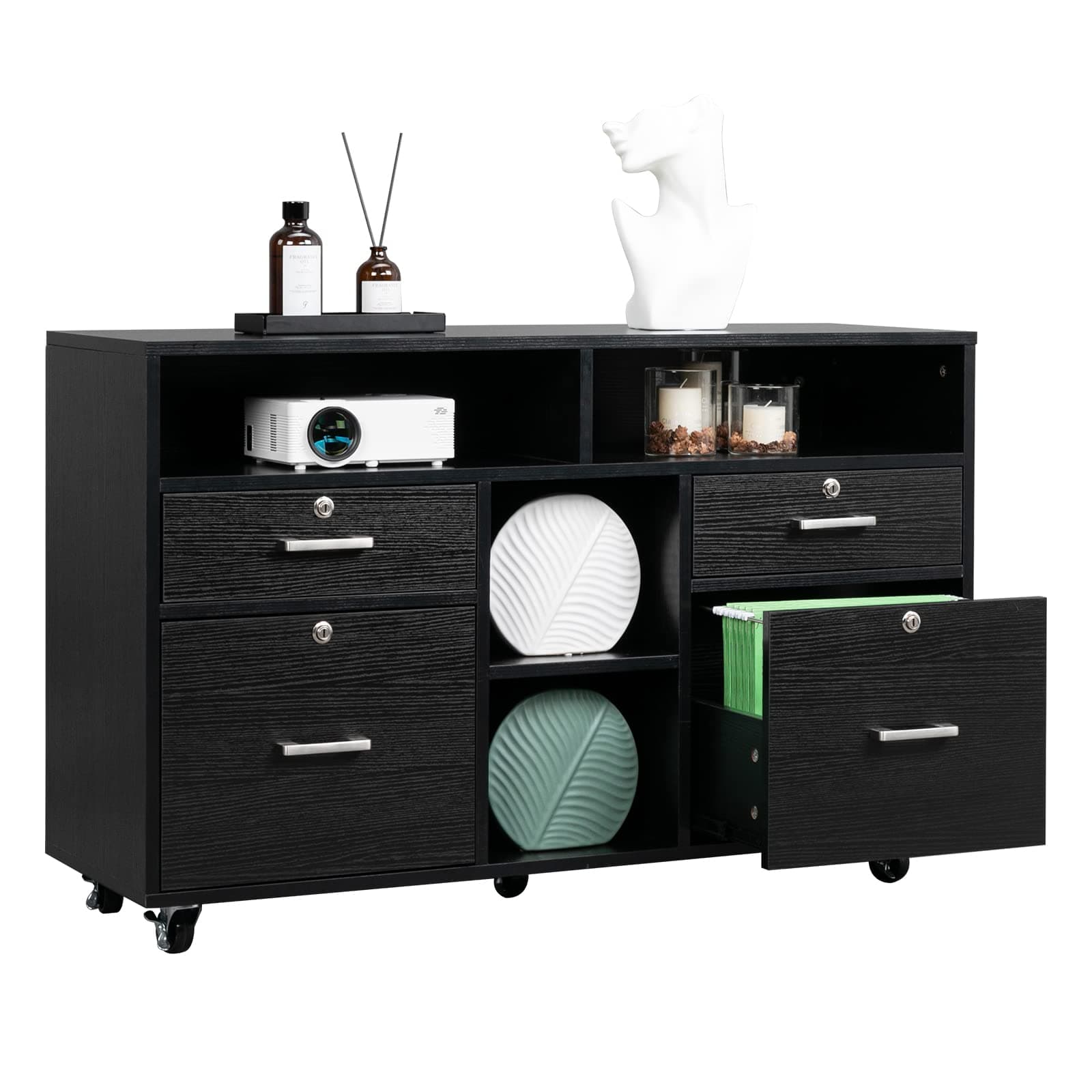 VINGLI Wood Mobile File Cabinet with Drawers and Shelves, Printer Stand with Open Storage, Lockable Lateral Filing Cabinet for Home Office, Black