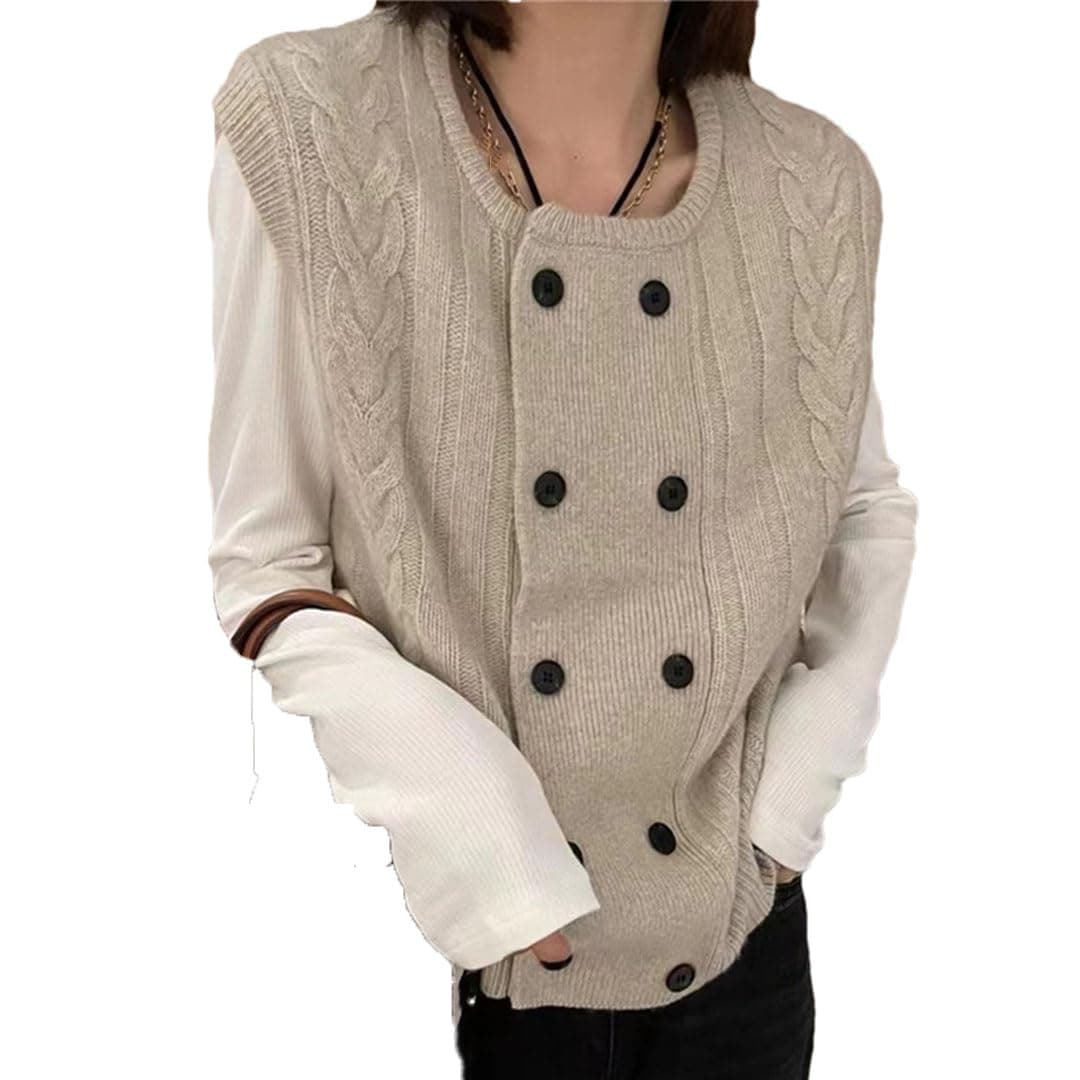 Women's Round Neck Double Breasted Knitted Vest Sleeveless Sweater Loose Cardigan Tank Top Apricot
