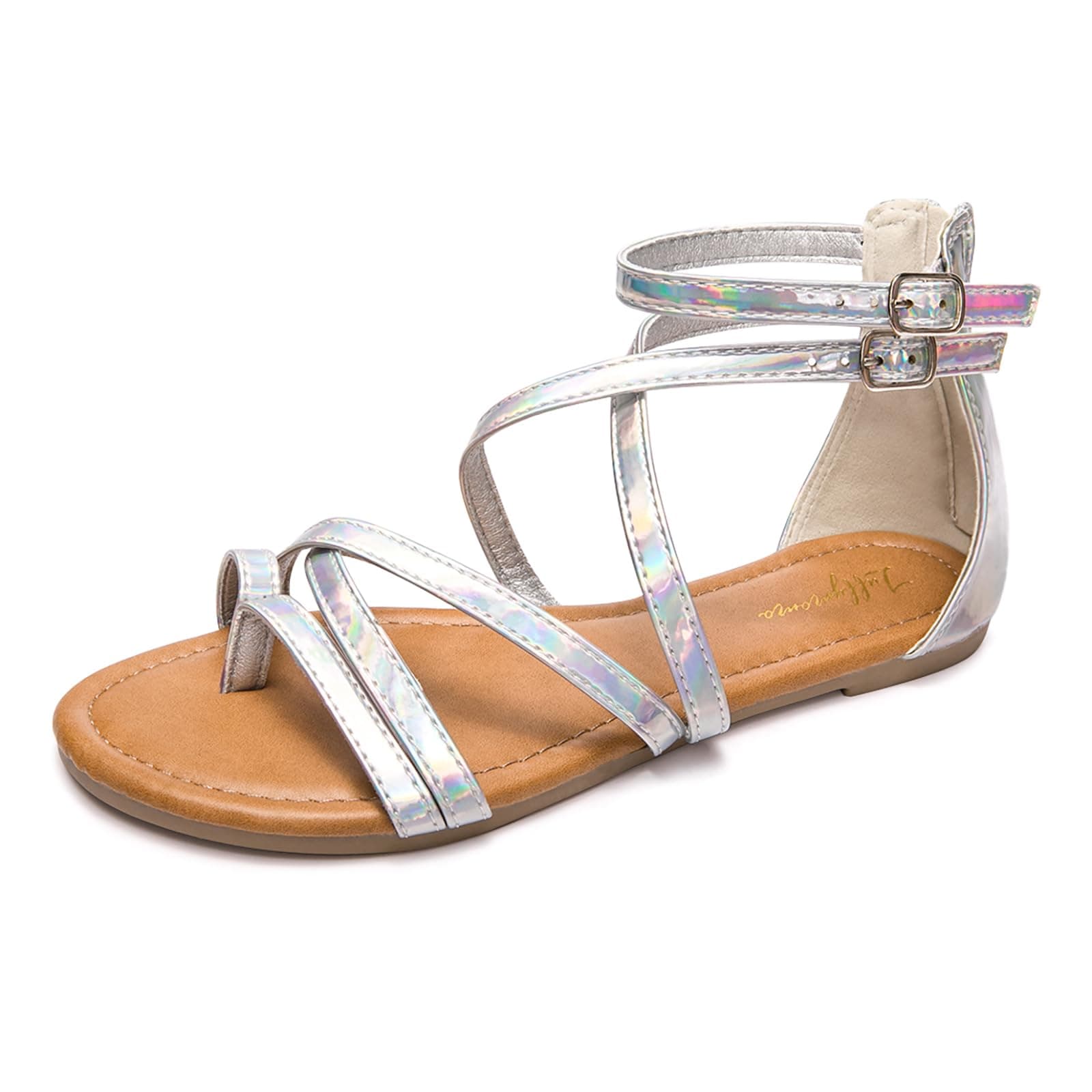 Luffymomo Women's Gladiator Strap Sandals Flat Fisherman Thong Cross Strappy Sandals, Dream Silver Color, 8 UK