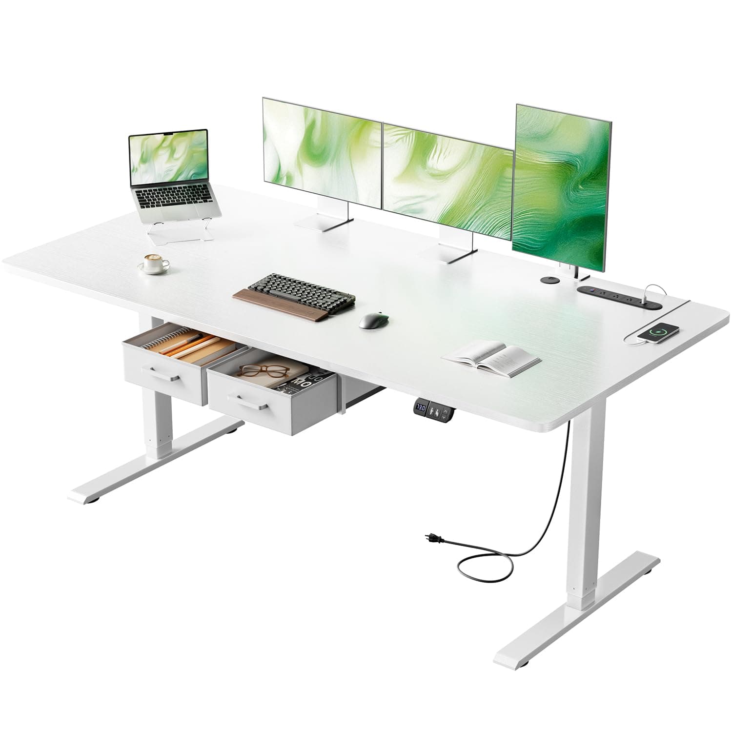 HLDIRECT 63x31 Inch Electric Standing Desk with Power Outlets and Drawers