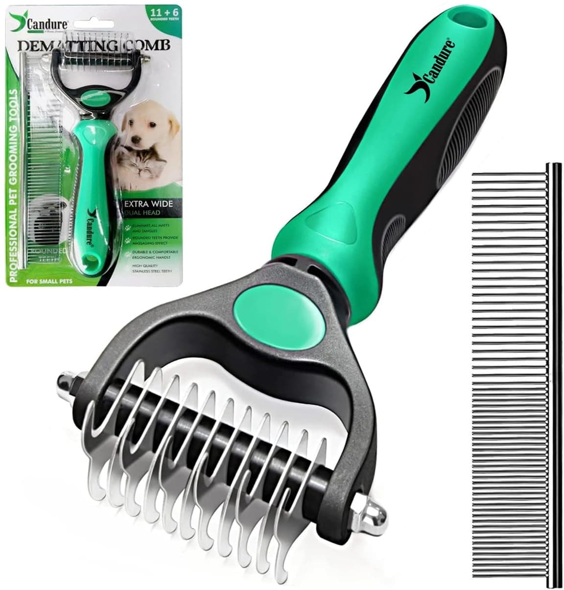 Candure Dematting Comb for Dog and Cat, Pet Grooming Rake and Brushes for Small, Medium Large Dogs Double Sided Deshedding Tool Removes Knots & Tangled Hair (Green, Medium to Small)