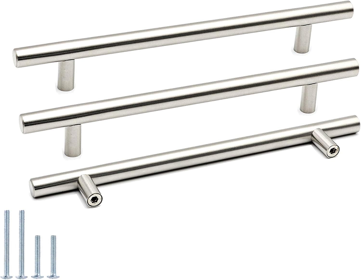 Goldenwarm 15 Pack Brushed Nickel Kitchen Cupboard Handles 192mm Hole Center Silver Drawer Handles, Round T Bar Cabinet Pulls Stainless Steel Drawer Pulls
