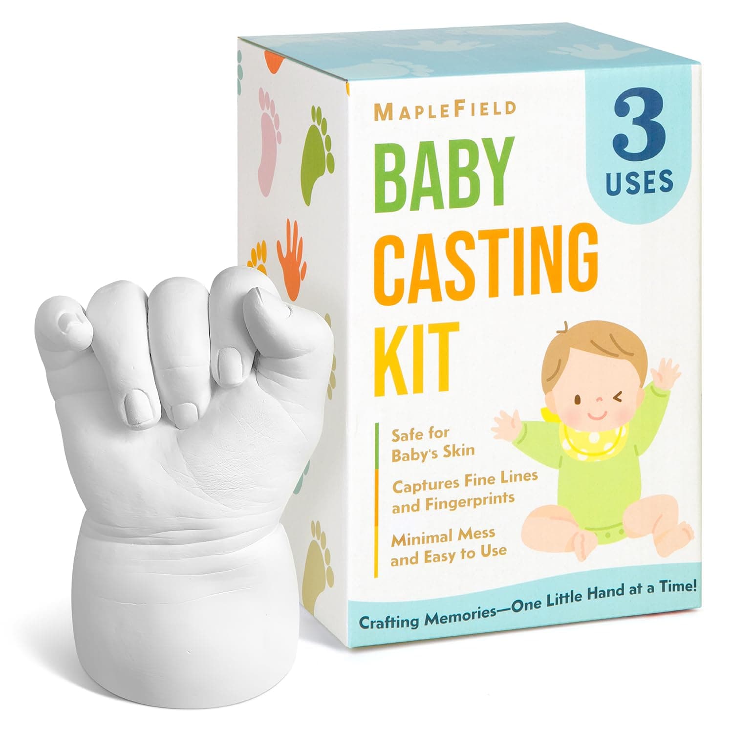 Maplefield 3D Baby Casting Kit - Mess-Free Impressions & Baby Hand Casting - Hypoallergenic & Gentle on Skin & Family Handprint Kit - Includes 3 Practice Packs & Hand Impression Set for Kids - 3-Pack