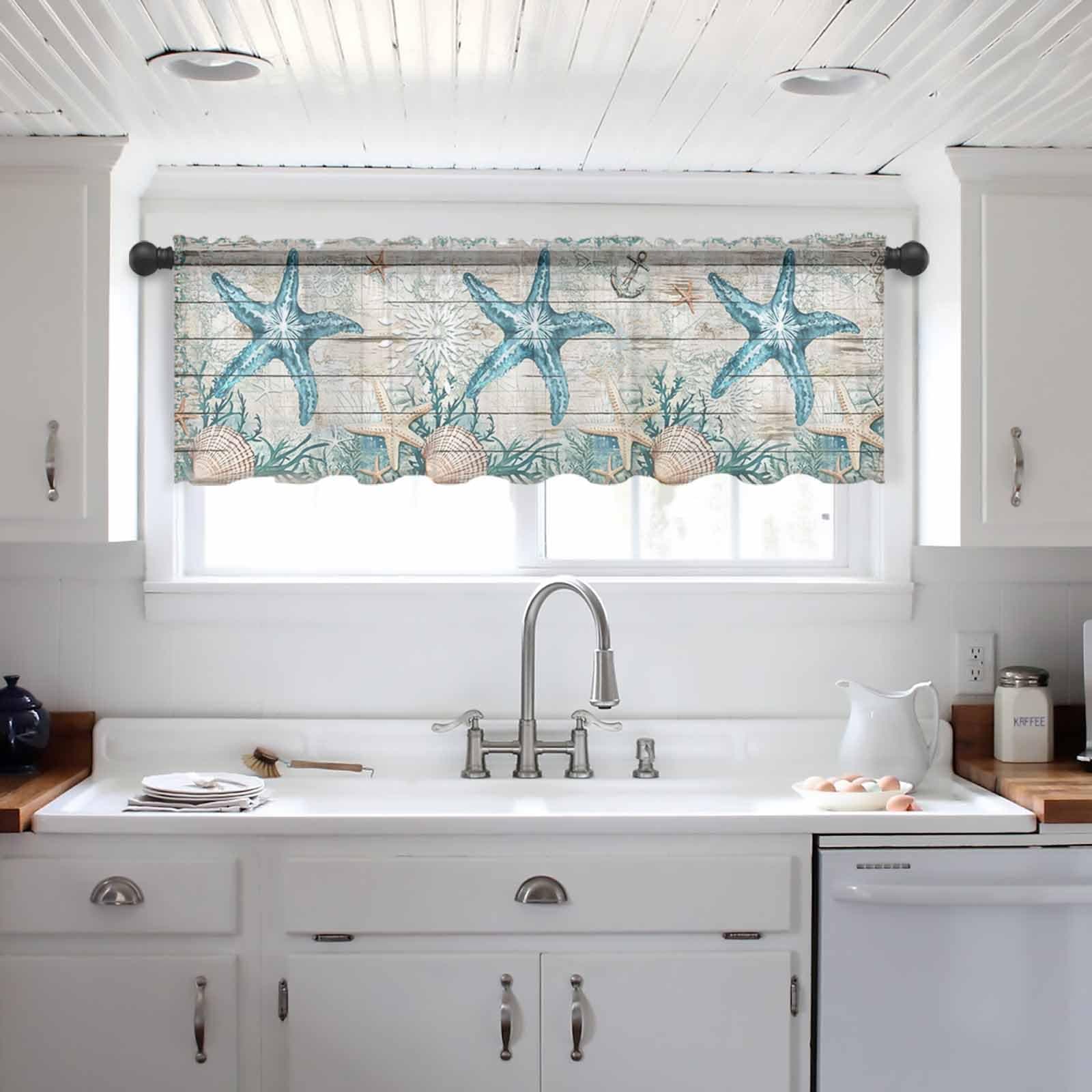 Nautical Starfish Valance Curtains for Kitchen/Living Room/Bathroom/Bedroom Window,Ocean Coral Retro Anchor Coastal Flower Rod Pocket Small Topper Half Short Window Curtains Voile Sheer Scarf,42"x18"