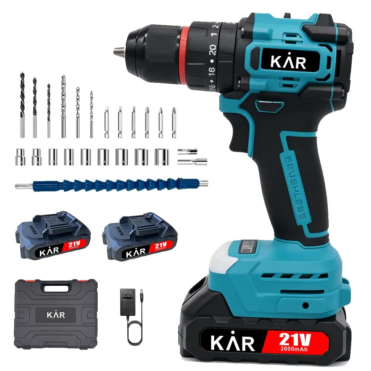 Karramlili 21V Brushless Drill Drivers – 2-Speed 450/1550 RPM, 20+1 Torque Settings, 3/8" Metal Keyless Chuck with Auto-Lock, 2×2000mAh Batteries, LED Light, for Wood, Ceramic, Tile & Screwdriving