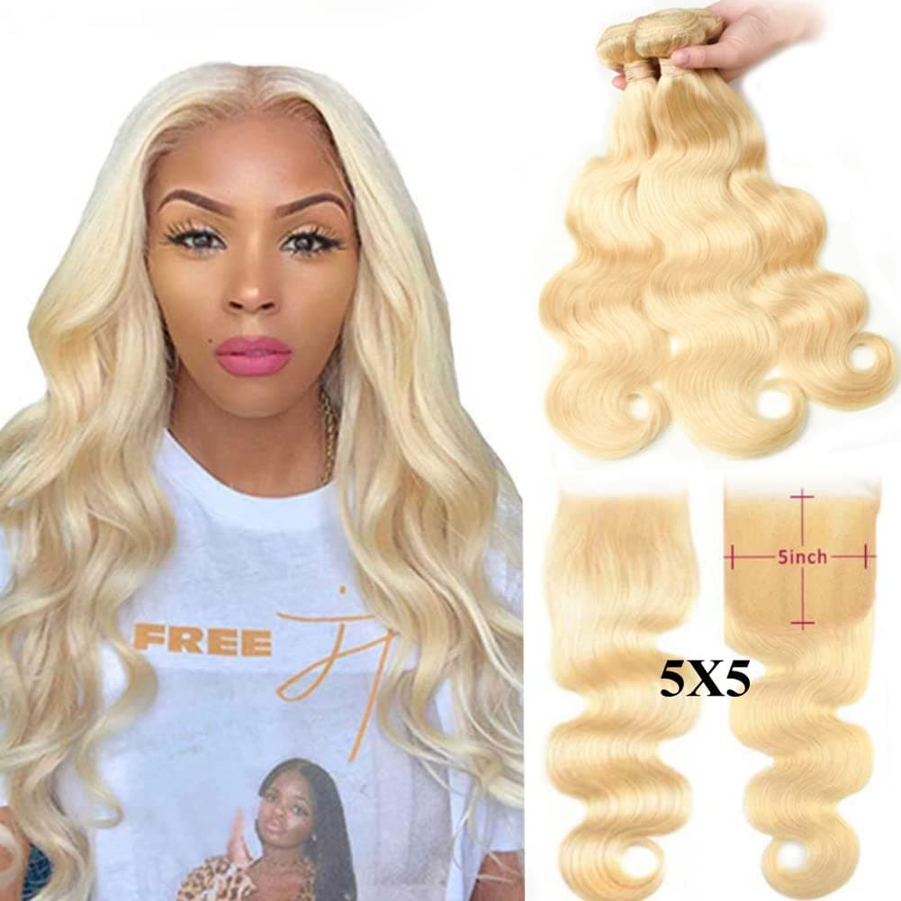 Forawme Soft Brazilian Hair 613 Blonde Body Wave 18 20 22 24 With 16 Inch 5X5 Lace Closure With Weaves Human Hair Bundles Full Head