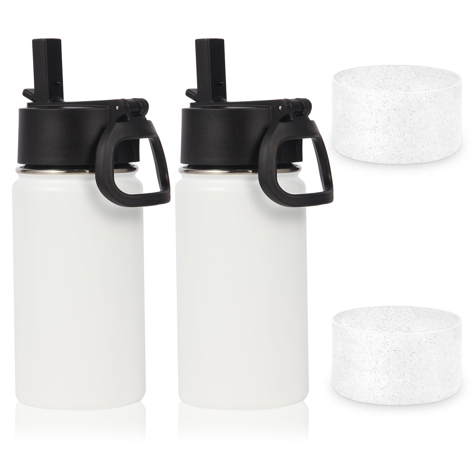 Volhoply 14oz Water Bottle with Straw Lid and Silicone Boot Bulk 2 Pack,Stainless Steel Insulated Flask for Boys & Girls Multipack,Double Wall Vacuum Leakproof Kids bottles(White,2)