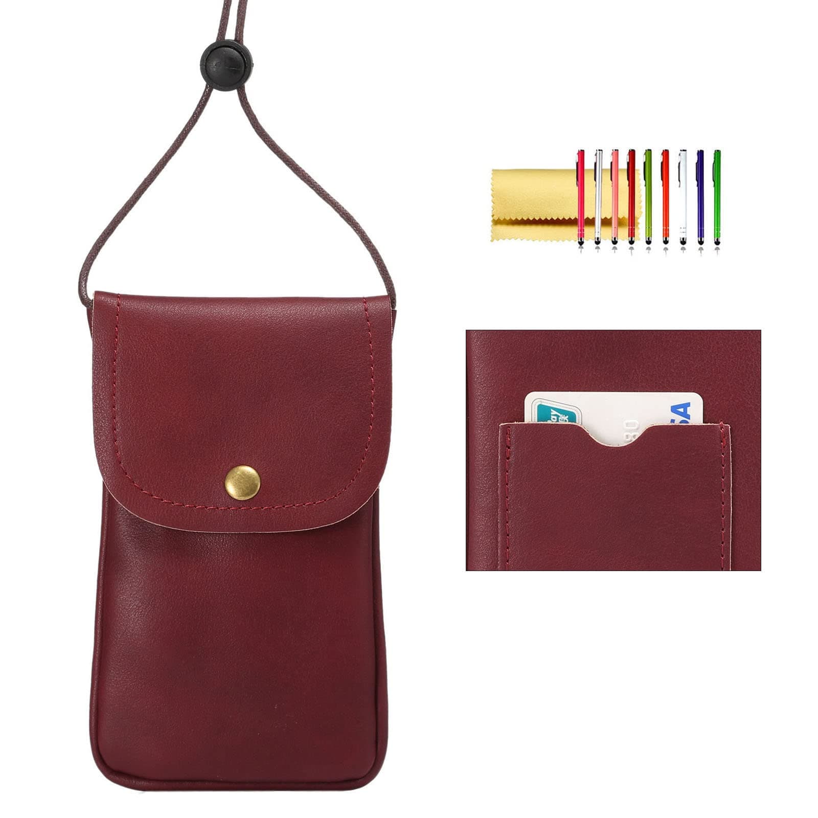 Cell Phone Neck Pouch, Techcircle PU Leather Carrying Bag with Credit Card Holder Adjustable Strap, Small Travel Purse for iPhone 11 XR XS Max SE 8 7 6 Plus, Galaxy S10 S7 Edge A10 J7, Moto G6 (Red)