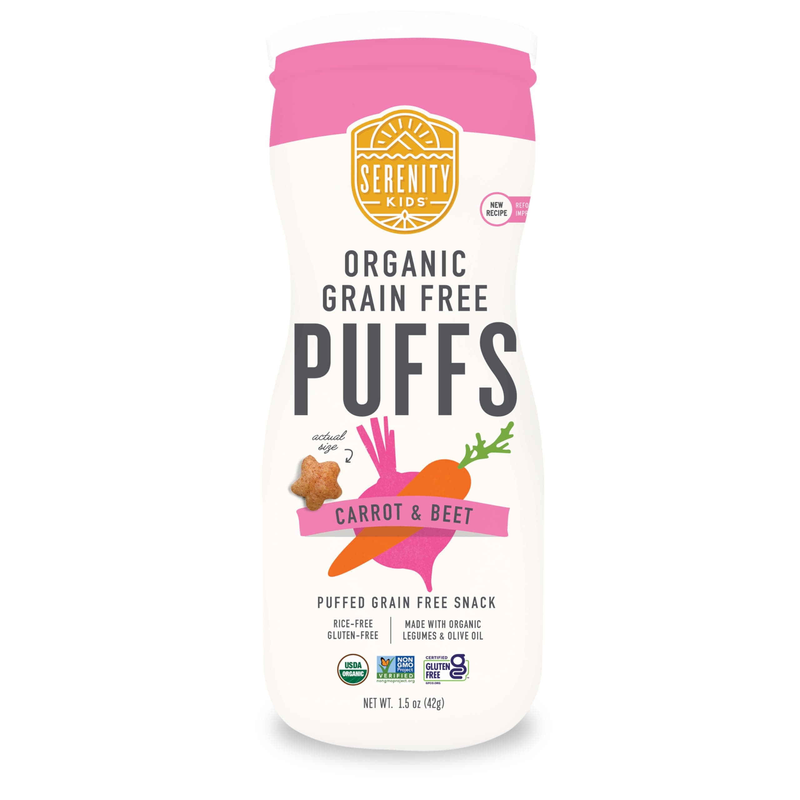 Serenity Kids 6+ Months Grain-Free Puffs - Gluten-Free Baby Snack - Organic Baby Snacks with Veggies & Legumes - Zero Sugar Bites for Toddlers - 1.5 Oz, Pack of 1, Carrot & Beet