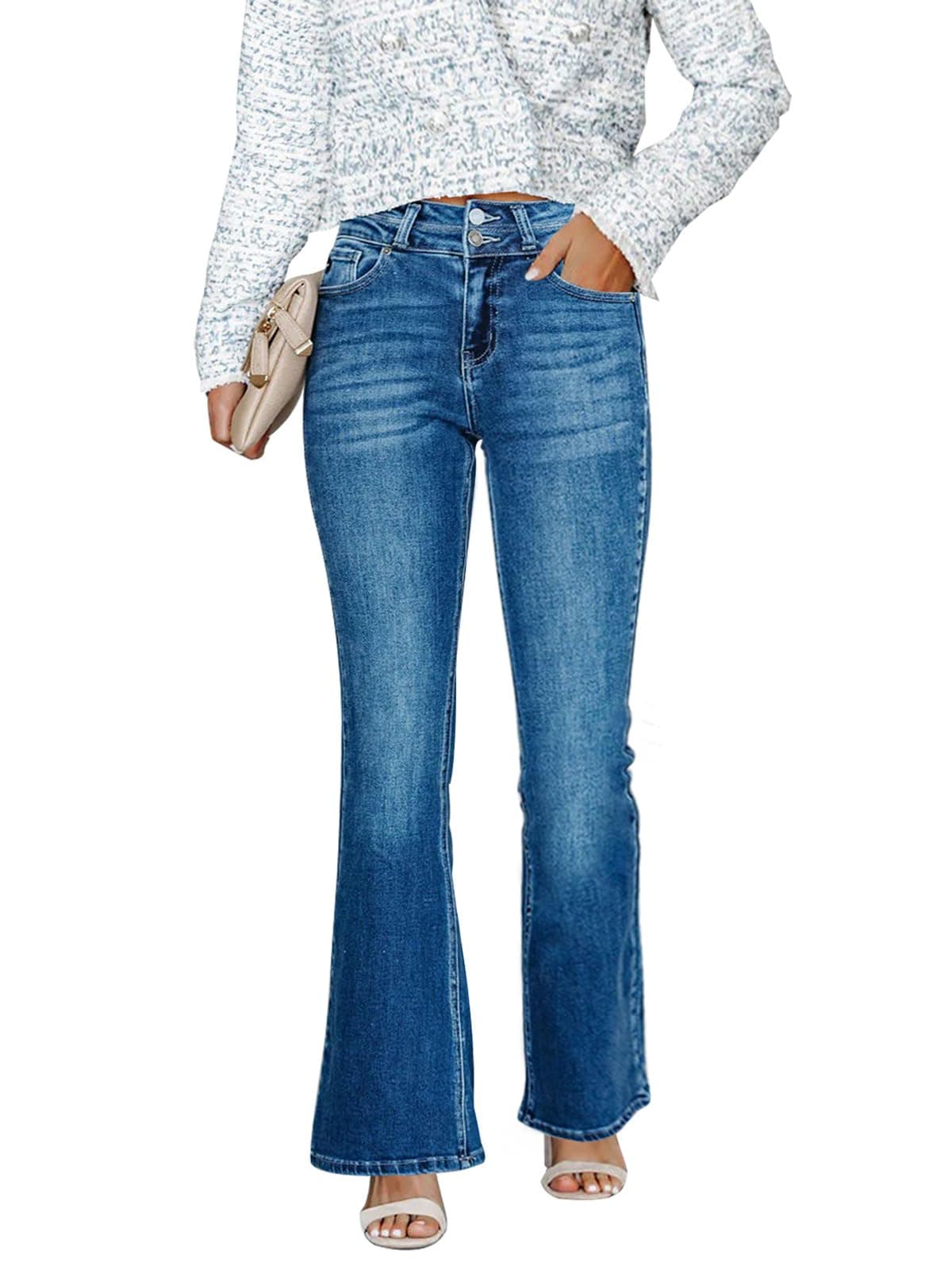 KUNMI Women's High Waisted Bell Bottom Bootcut Jeans Flare Wide Leg Stretch Trendy Jeans, Ff009-dark Blue, 16