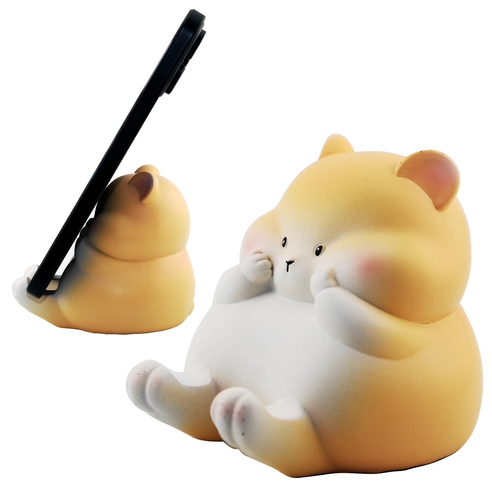Cartoon Hamster Sitting Cell Phone Stand for Desk, Cute Statue Phone Holder for Lovely Women Girls, Desktop Animal Figurine Mount for iPhone iPad Office Tablet Accessories Gifts - Black White