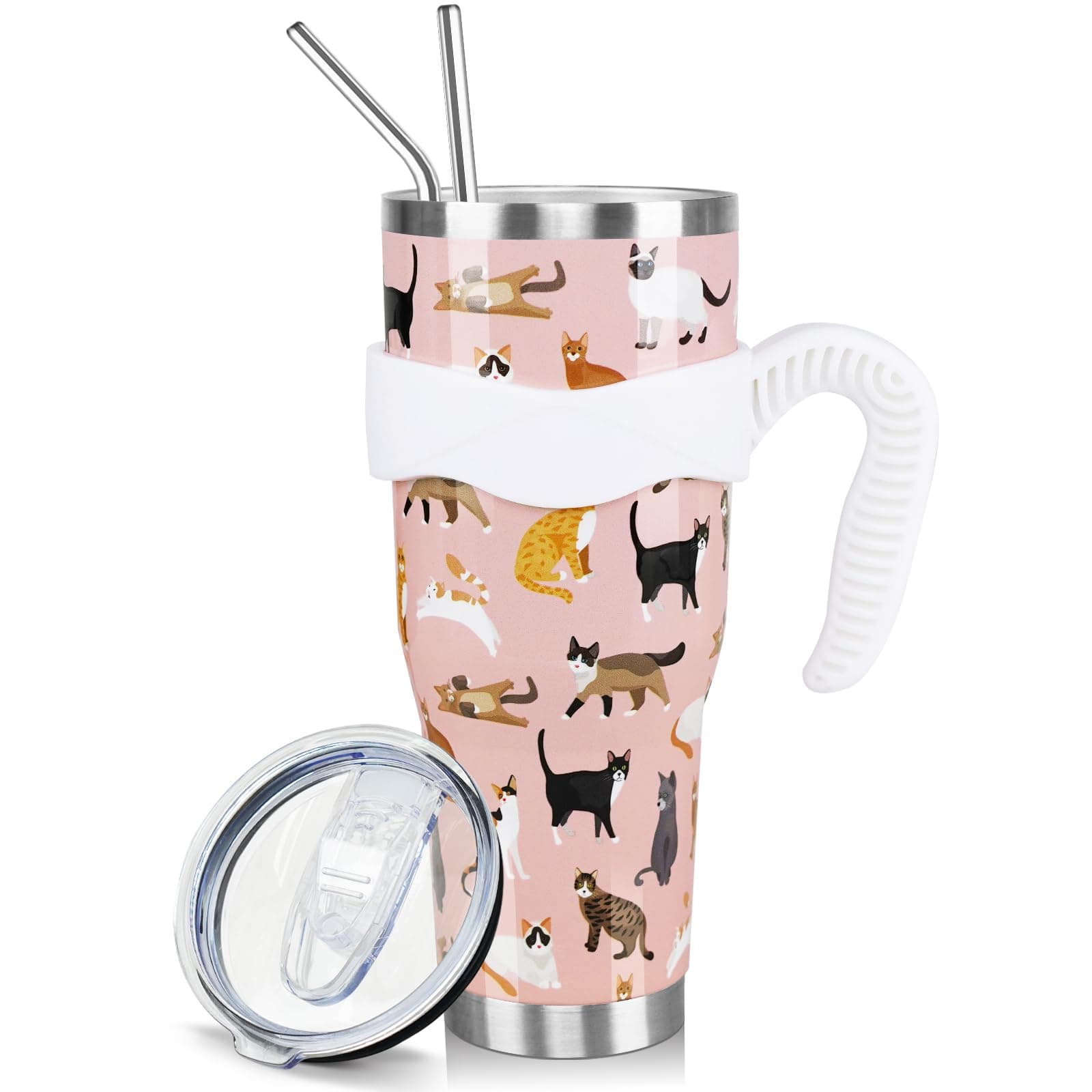 Paqoygl Cat 40oz Tumbler with Handle and Straw,Cute Cup Coffee Mug Stainless Steel Insulated Coffee Water Bottle, Pink Gifts for Women Cat Lovers Mom Girl Birthday Christmas