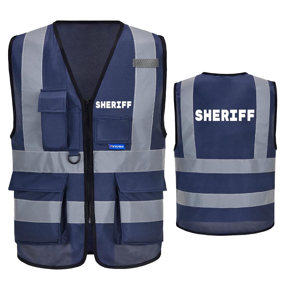 Reflective Security Safety Vests Heavy Duty with 7 Pockets and Front Zipper, Navy-sheriff, 8X-Large