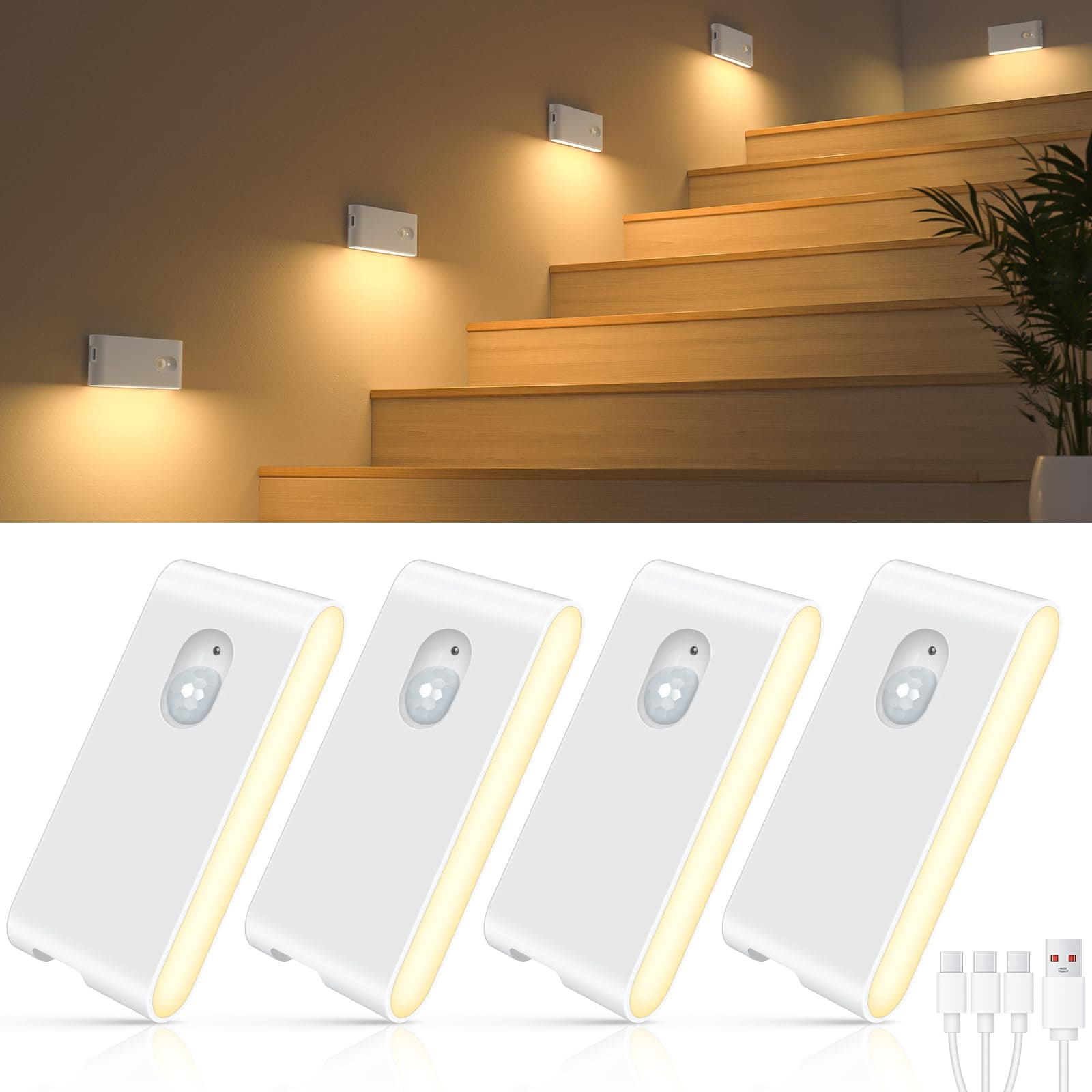 WILLED Motion Sensor Light Indoor, Warm White Rechargeable Night Light, Wireless Stair Lights Indoor, Battery Motion Sensor Night Light for Stairway, Hallway, Kitchen, Closet, Kids' Room(4-Pack)