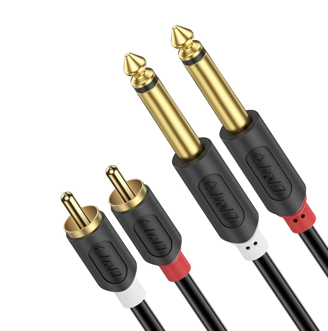 J&D Dual 1/4 inch TS to Dual RCA Stereo Audio Interconnect Cable, Gold Plated Audiowave Series 2 x 6.35 mm Male TS to 2RCA Male Patch Cords for Speakers, Home Audio Systems, Amplifiers, 9 ft/ 2.7 m