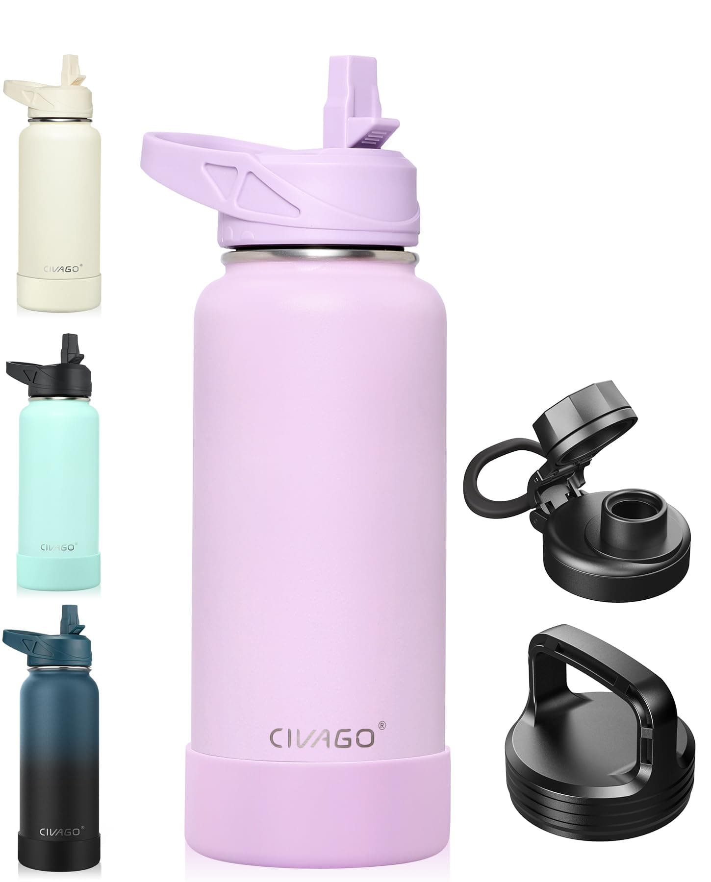 CIVAGO 64 oz Insulated Stainless Steel Water Bottle With Straw and 3 Lids