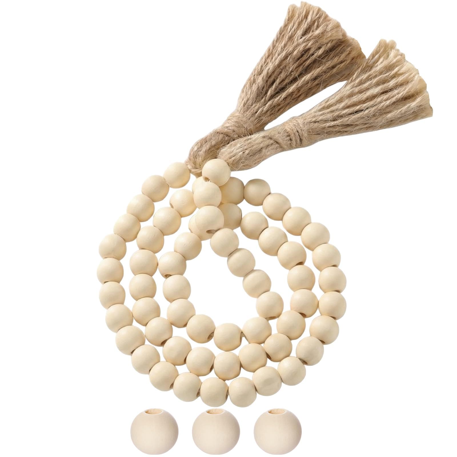 Equsion Wooden Bead Garland with Tassels, 3.3 ft Vintage Bead Garland Tray Decoration, Vase Wall Children's Room Art Room Birthday Party Home Decoration(Beige)