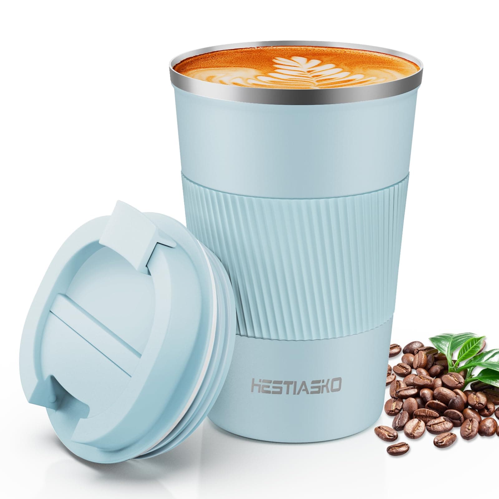 Hestiasko 13 oz Coffee Mug, Double Walled Vacuum, Travel Coffee Mug with Lid, 304 Stainless Steel Insulated Coffee Mug for Hot Ice Coffee Cola Milk (380ml, Light Blue